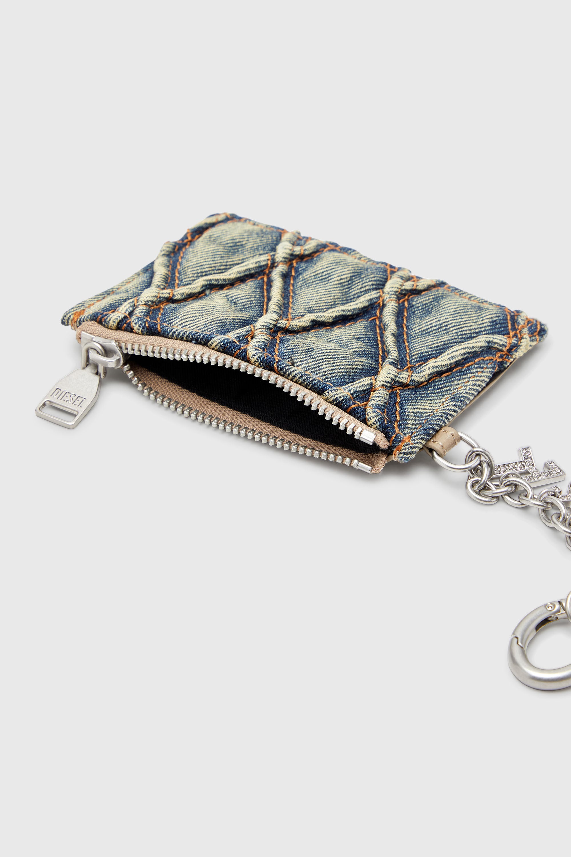 Diesel - CARD HOLDER WITH CHAIN, Woman's Card holder in argyle quilted denim in Blue - 3