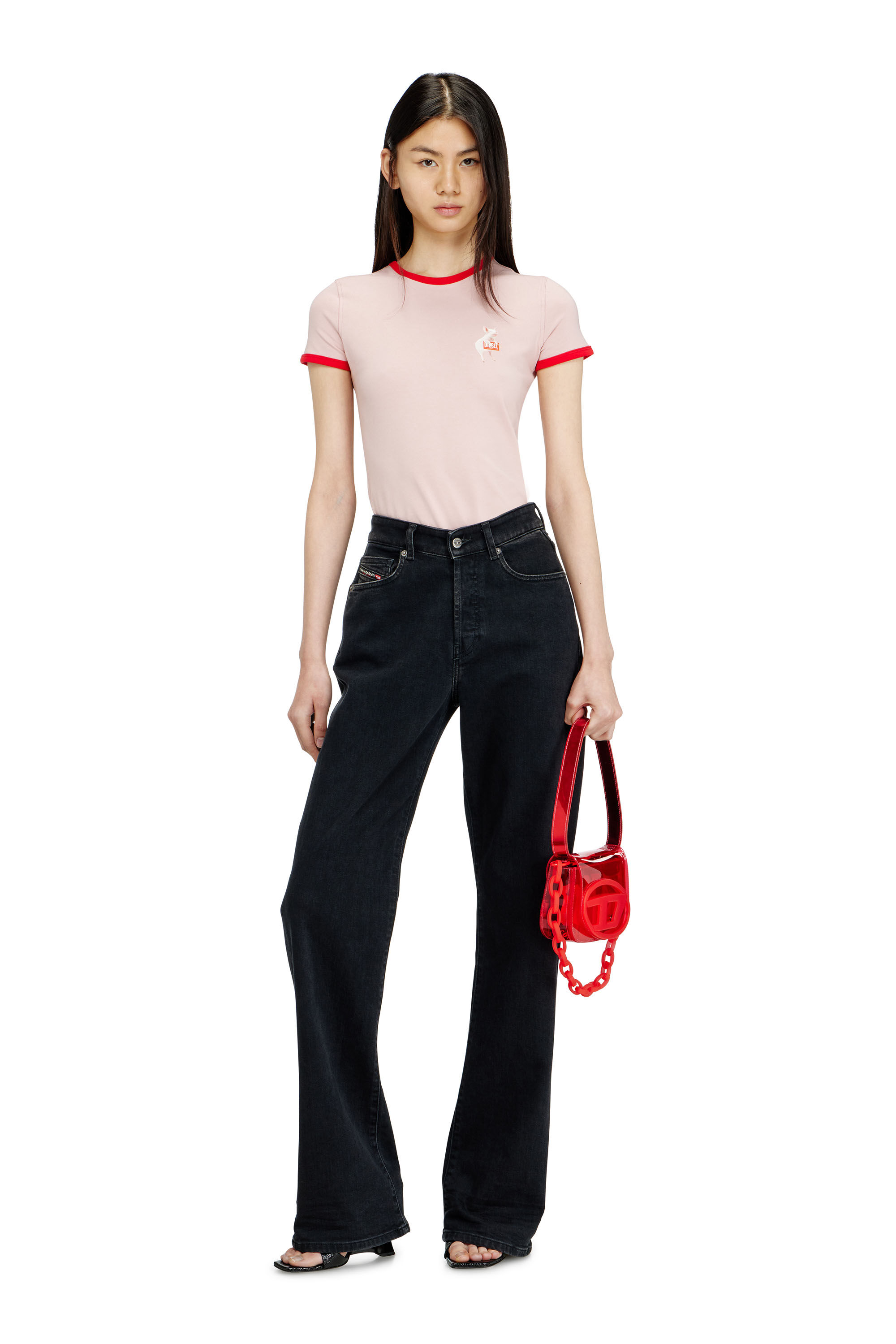 Diesel - T-UNCUTIES-LONG-S12, Woman's Slim T-shirt with pig print in Pink - 1