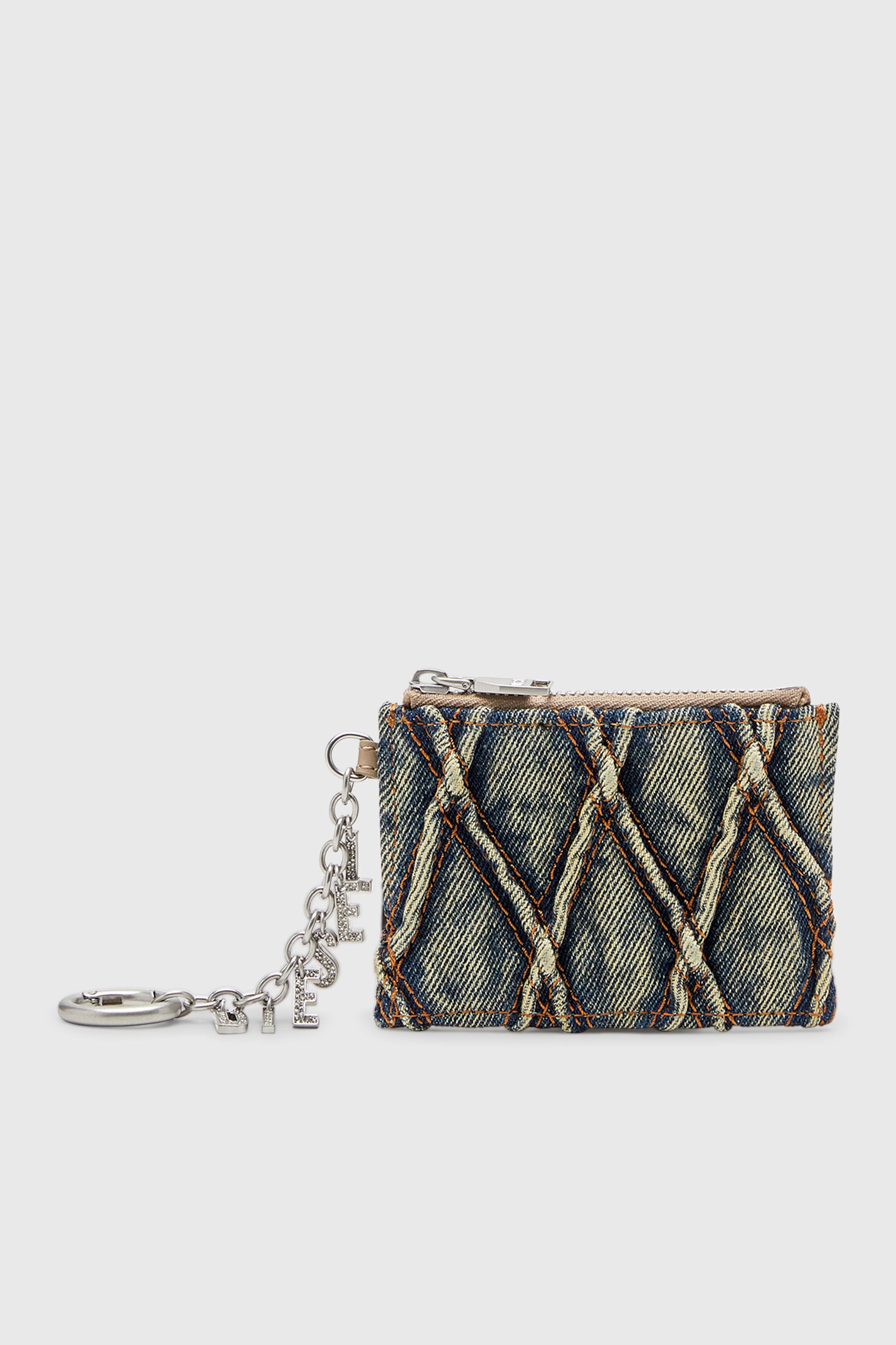 Diesel - CARD HOLDER WITH CHAIN, Woman's Card holder in argyle quilted denim in Blue - 1