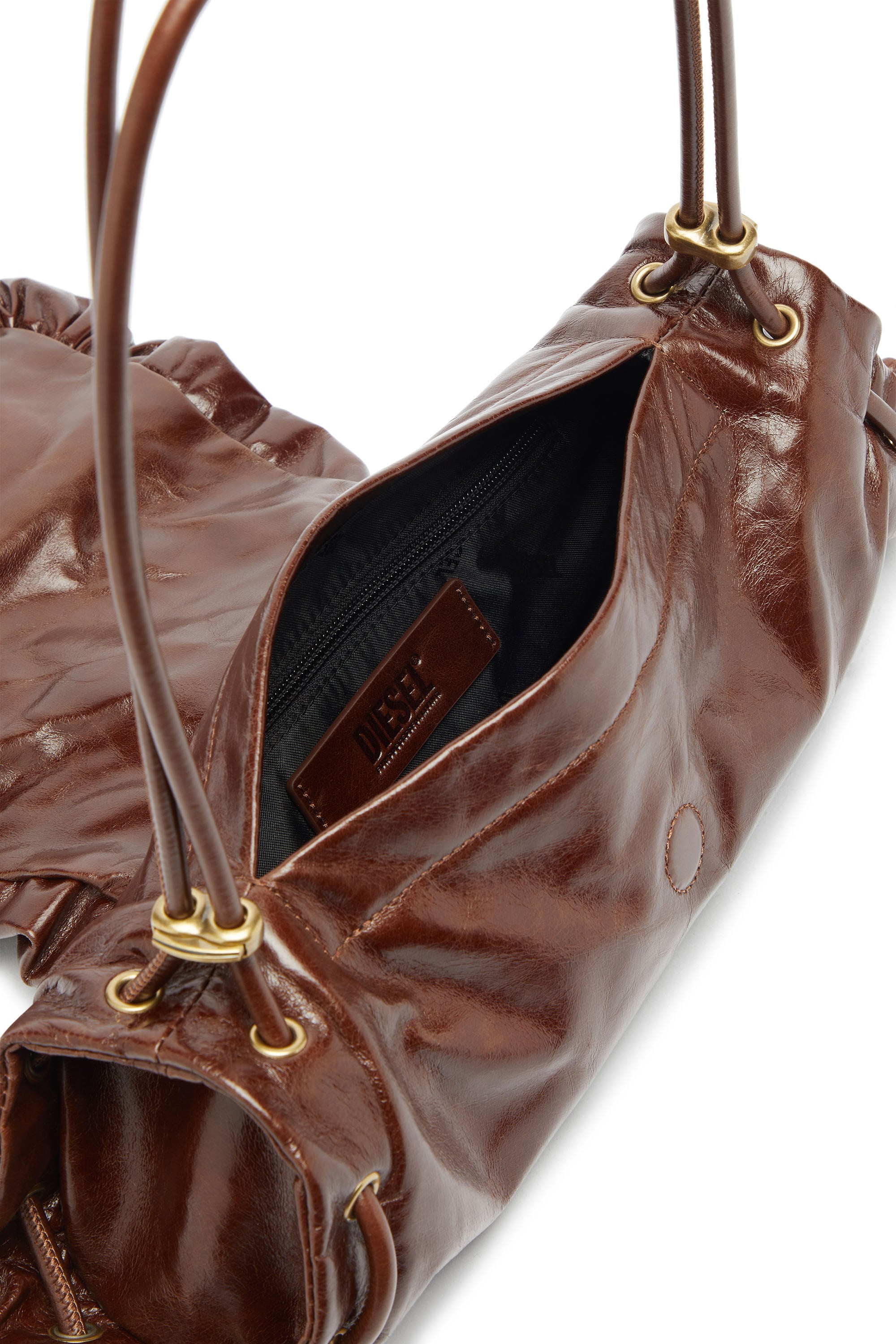 Diesel - SCRUNCH-D SHOULDER S, Woman's Scrunch-D-Small shoulder bag in shiny scrunched leather in Brown - 3