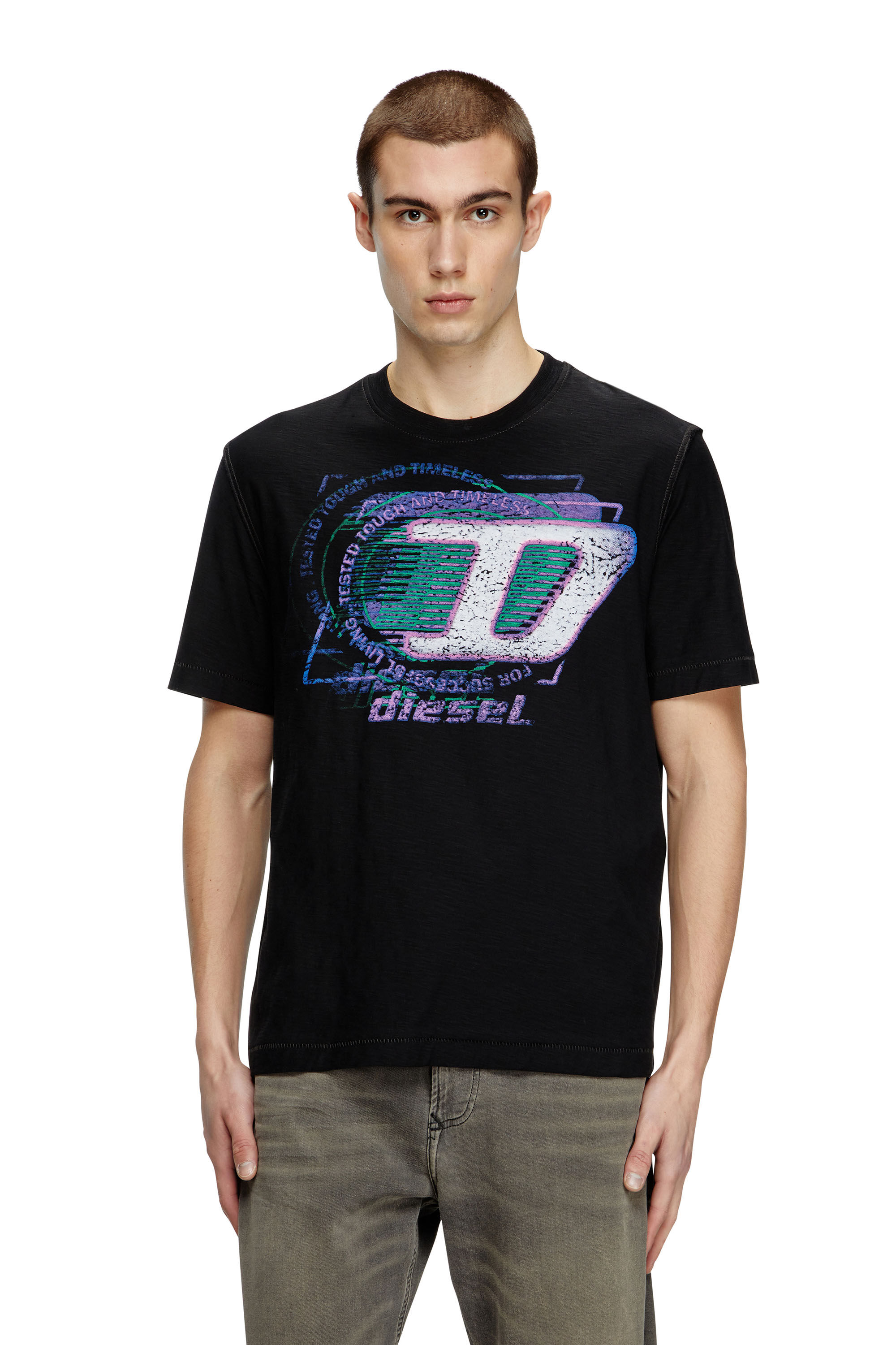 Diesel ディーゼル T-Adjust-R11 ロゴ フロック Tシャツ Men's Slub cotton T-shirt with flocked logo | Black | Diesel