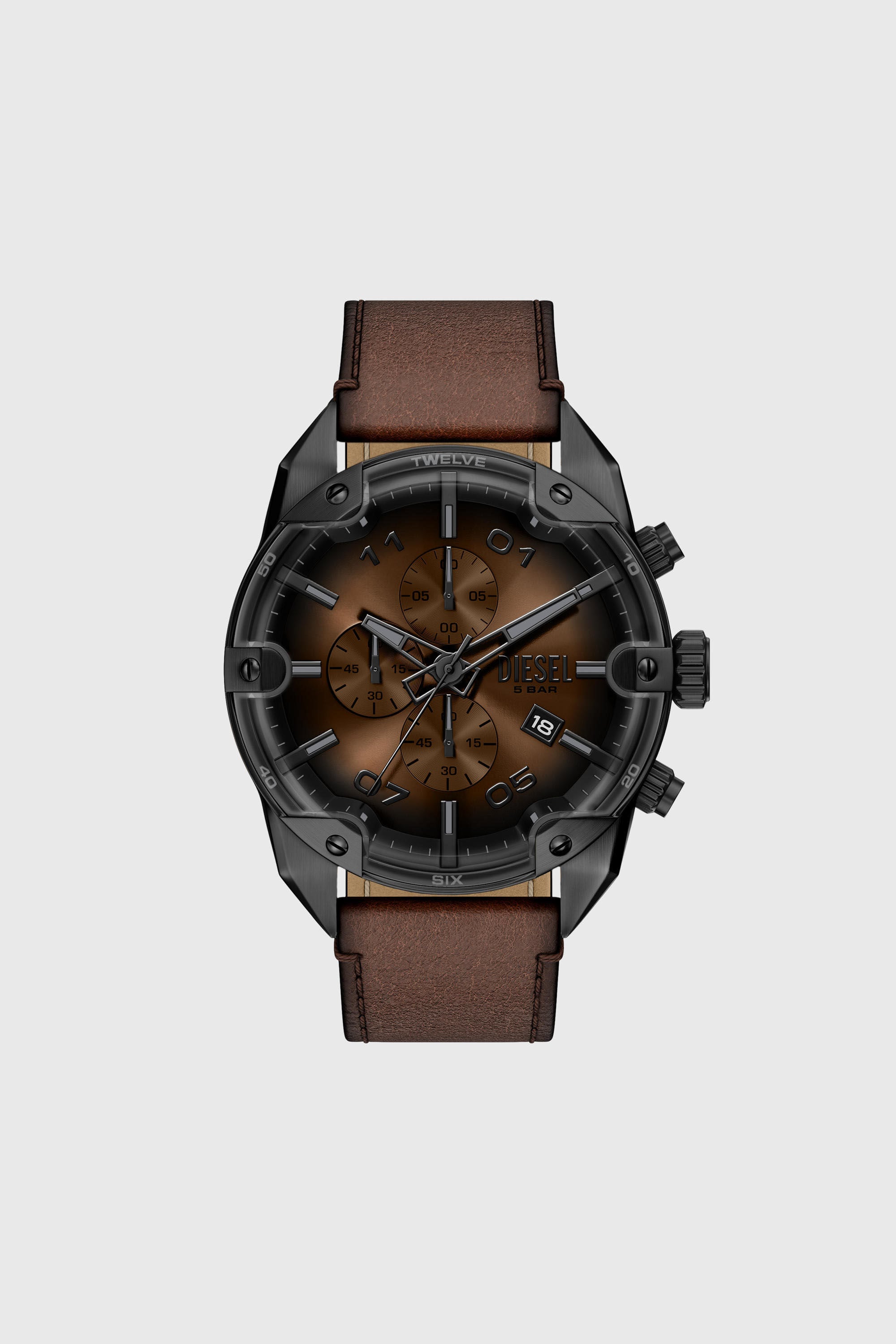 Diesel - DZ4735 WATCH, Man's Spiked brown leather watch in Brown - 1