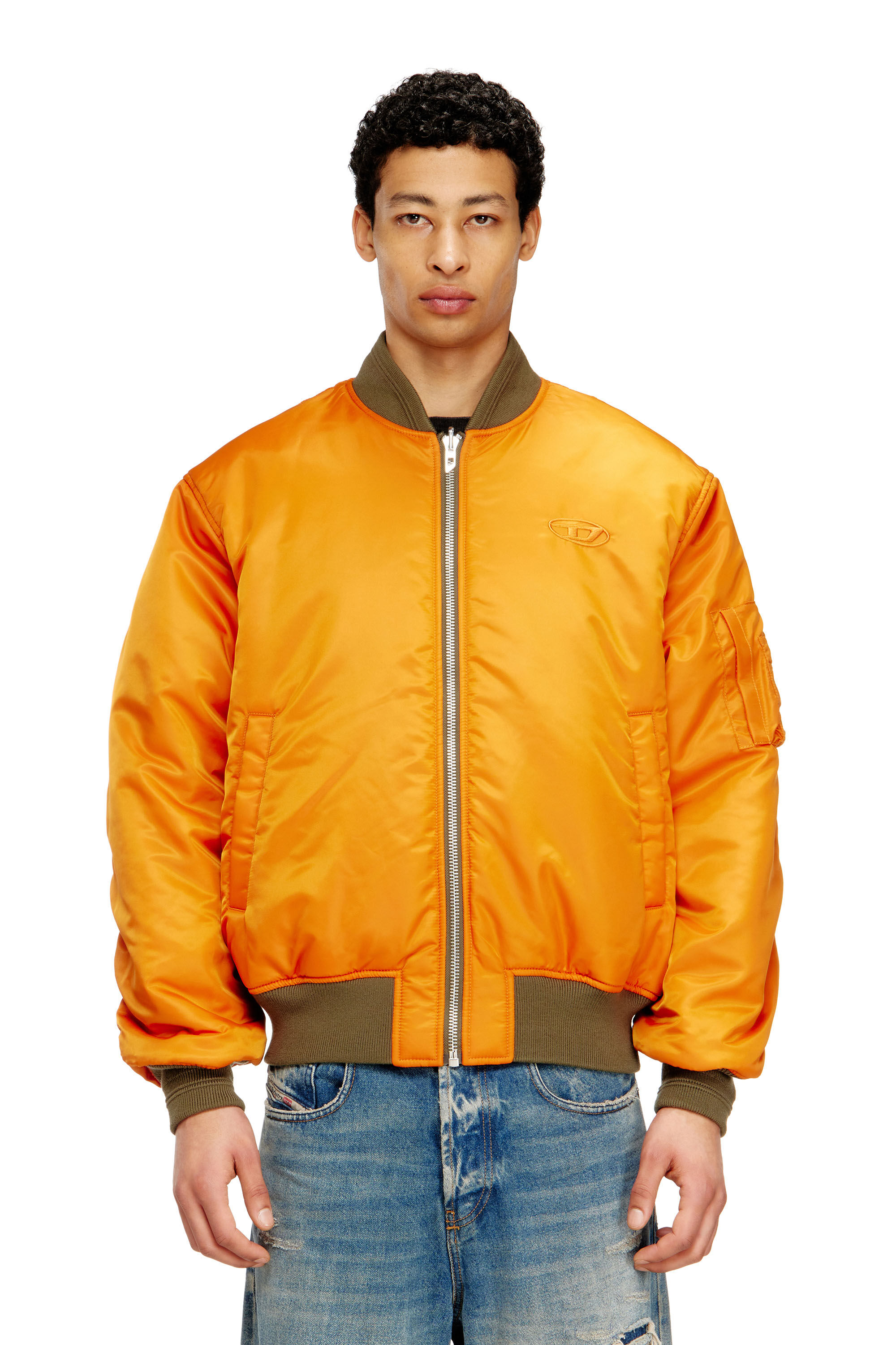 Diesel - W-TYPE-D1, Man's Padded bomber jacket with Oval D embroidery in Green/Orange - 6