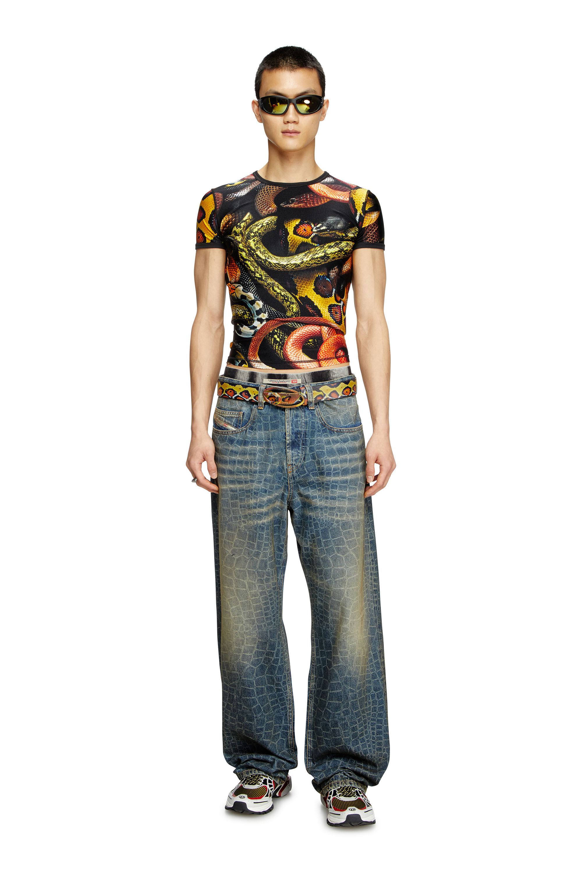トップス Black Weirdos Layered Sweat Mustard Women's Lycra T-shirt with all-over snake print | Multicolor
