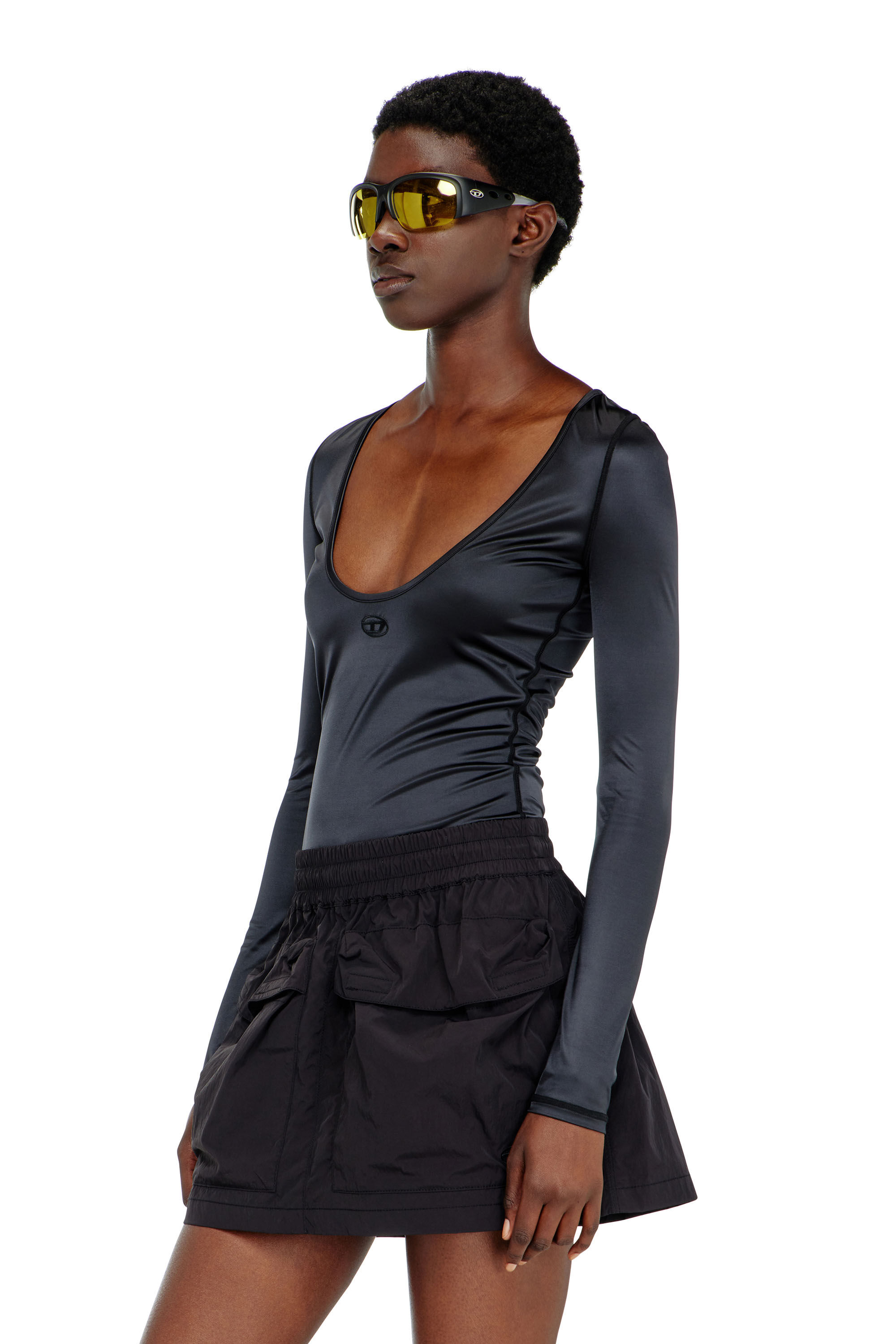 Diesel - T-ELPHIN-LS, Woman's Nylon slim top scoop neck with Logo Oval D embroidery in Black - 3