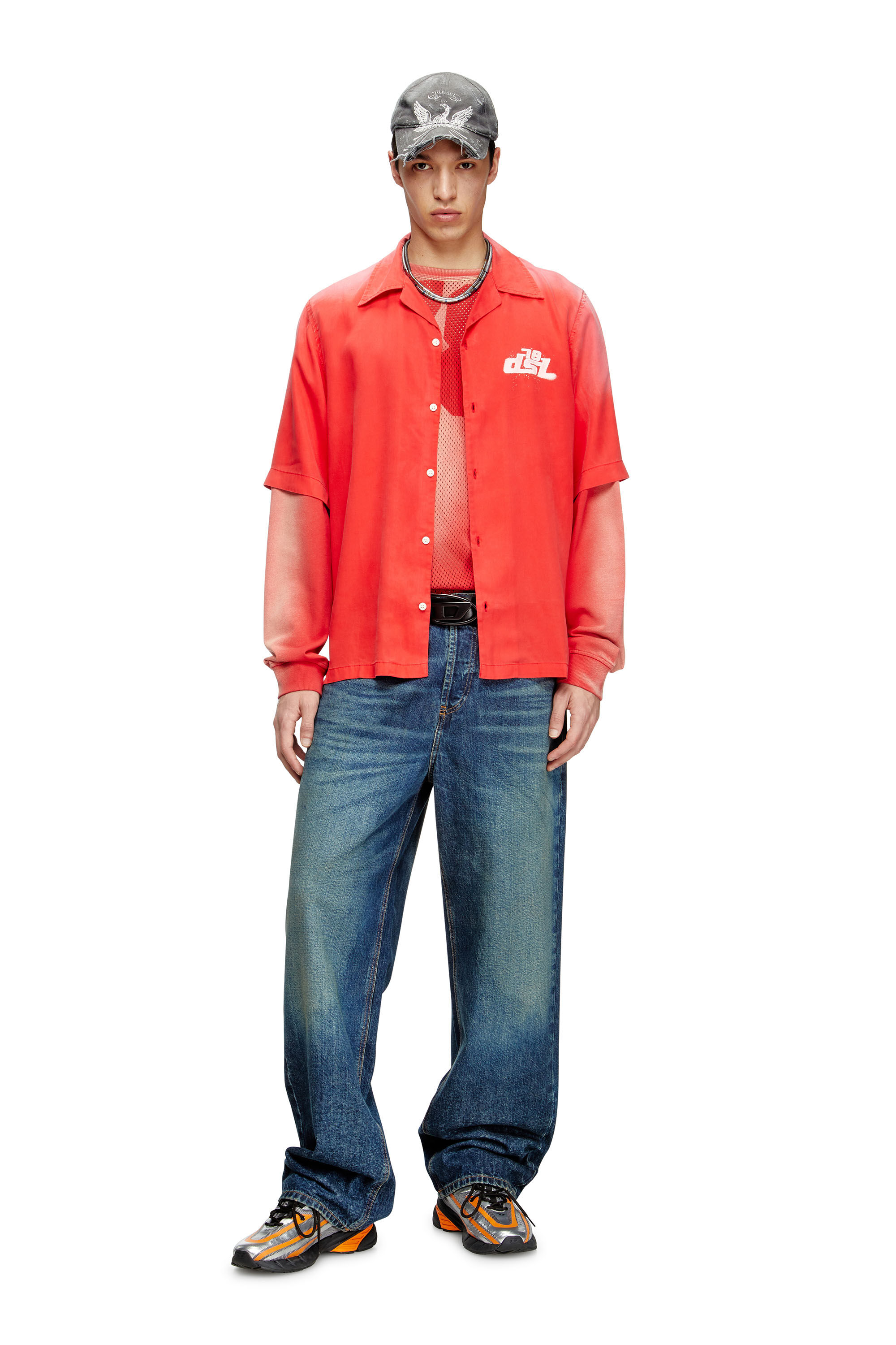 Diesel - S-ELLY, Man's Faded bowling shirt with logo prints in Red - 1