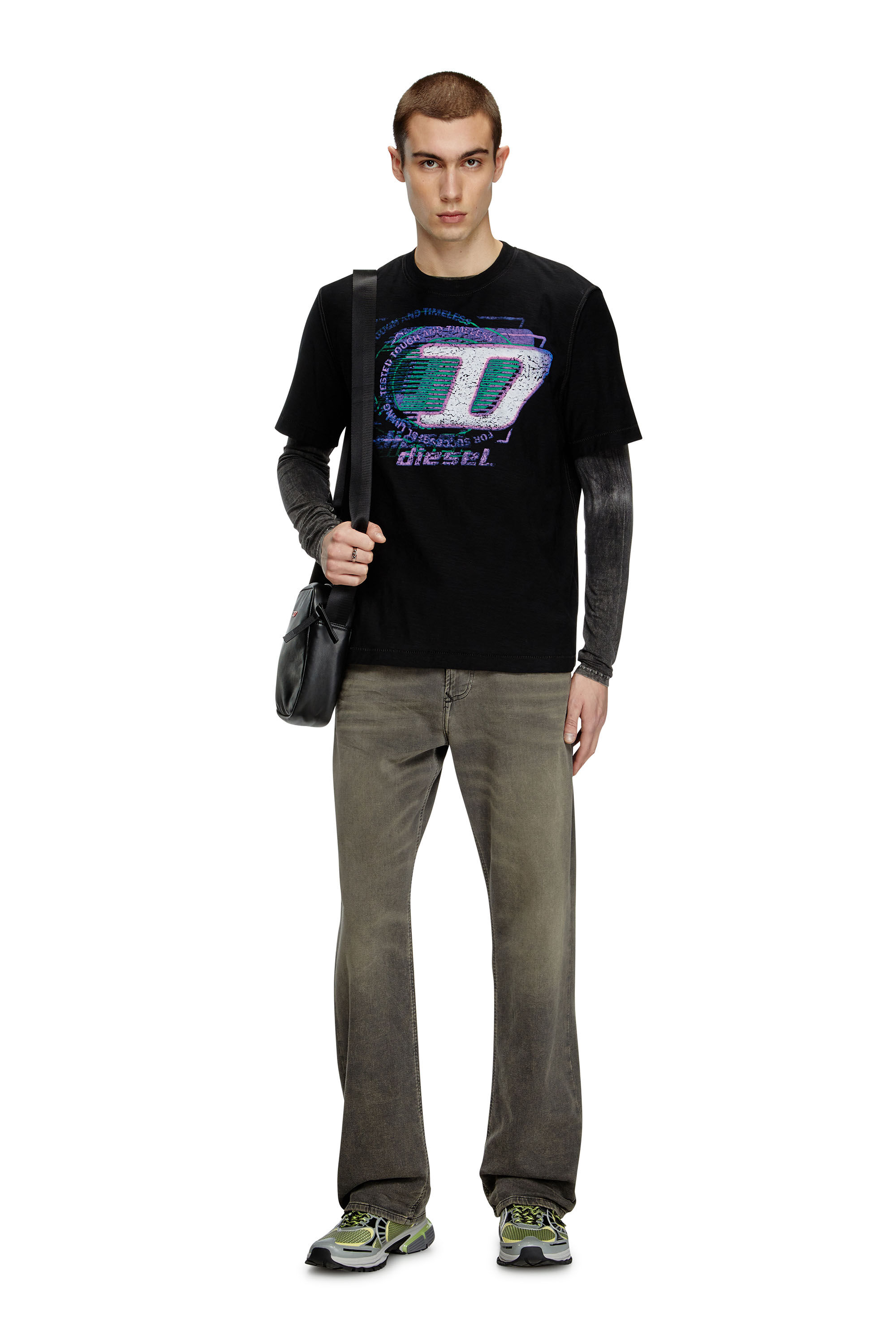 Men's Slub cotton T-shirt with flocked logo | Black | Diesel