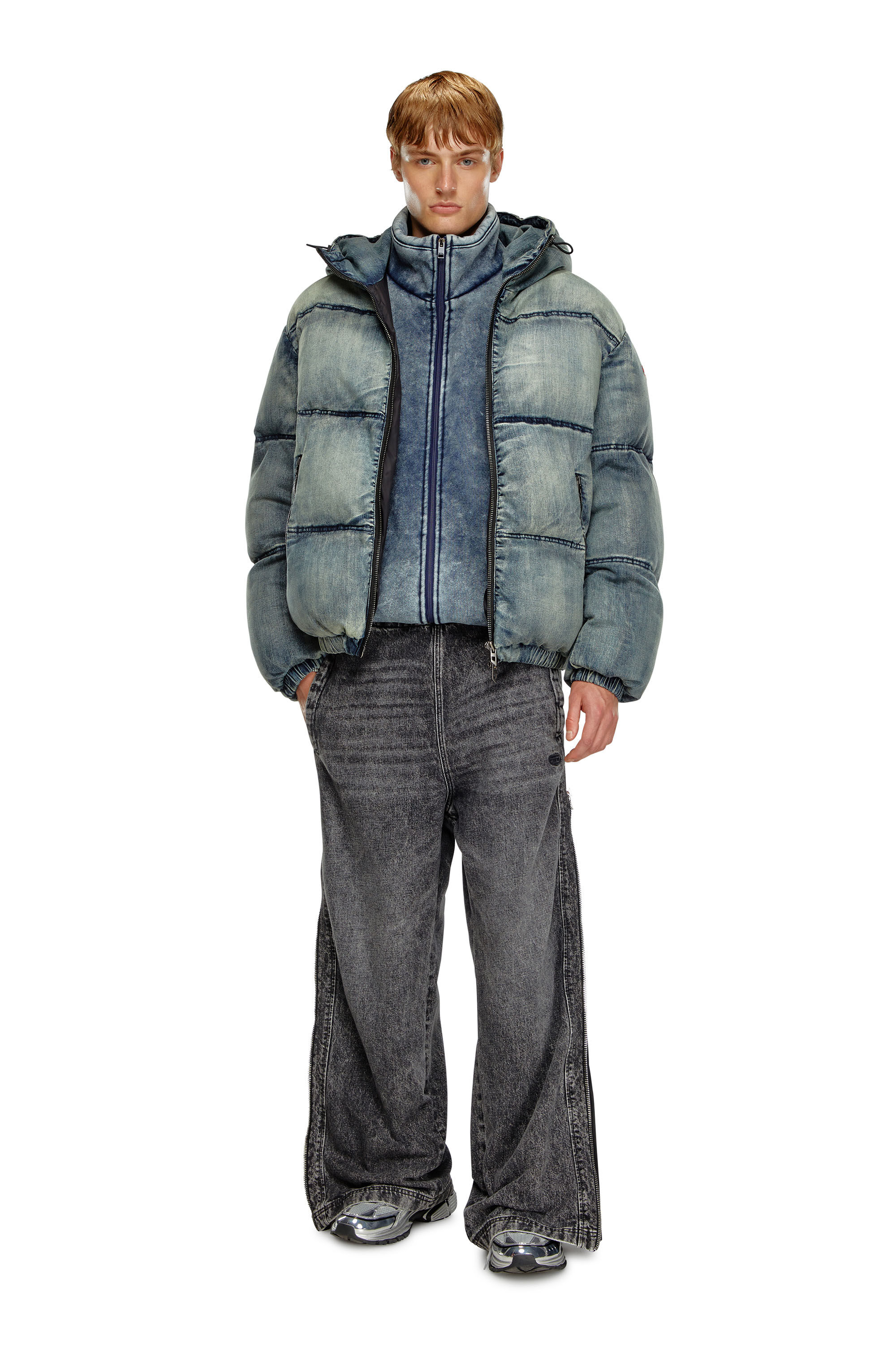 Diesel - W-MONS, Man's Puffer jacket in treated denim in Blue - 1