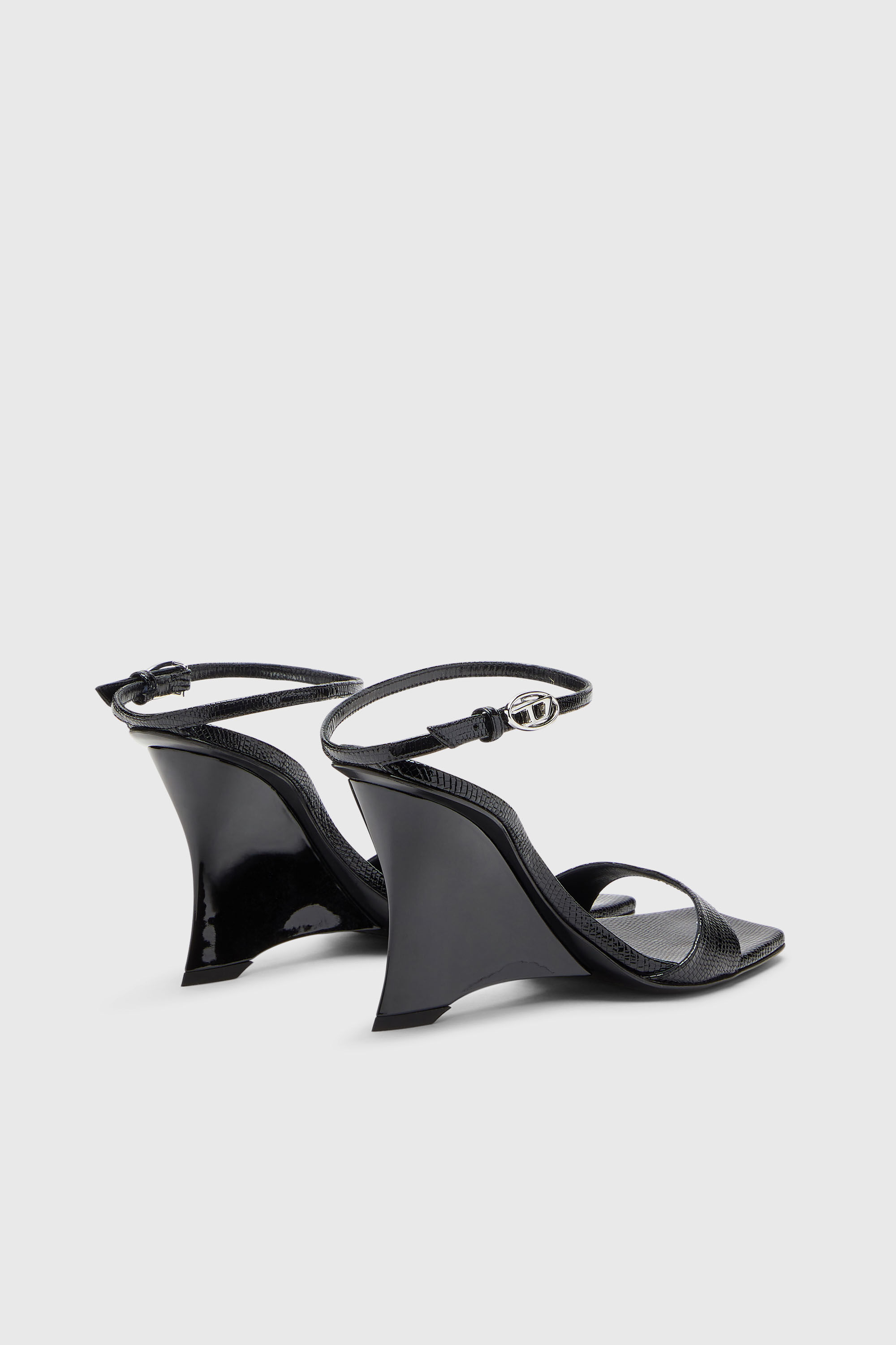 Diesel - D-AMBER SANDAL WEDGE, Woman's D-Amber-Wedge sandals in lizard-effect leather in Black - 3