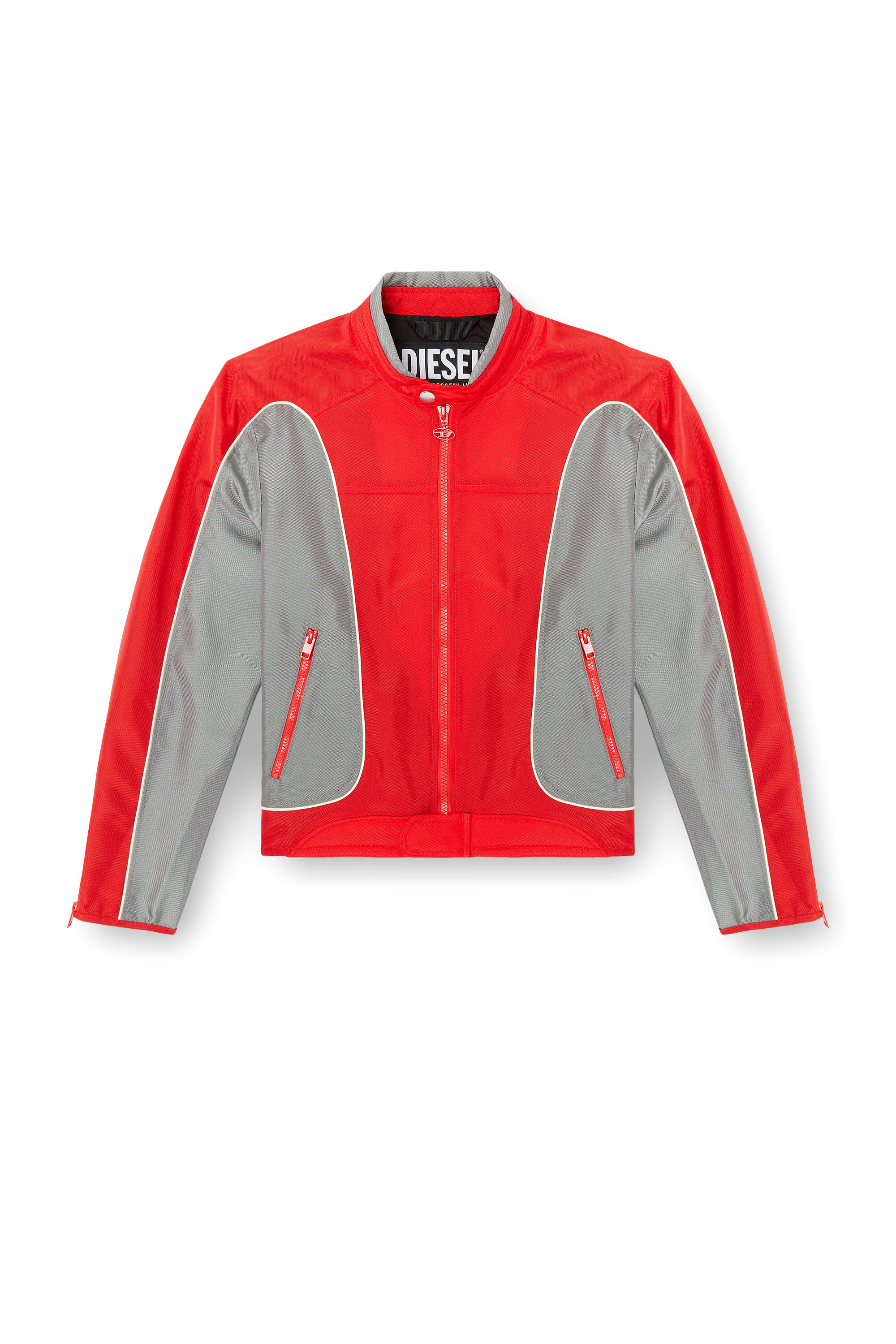 Diesel - J-BLINK-A, Man's Colour-block biker jacket with piping in Red/Grey - 2