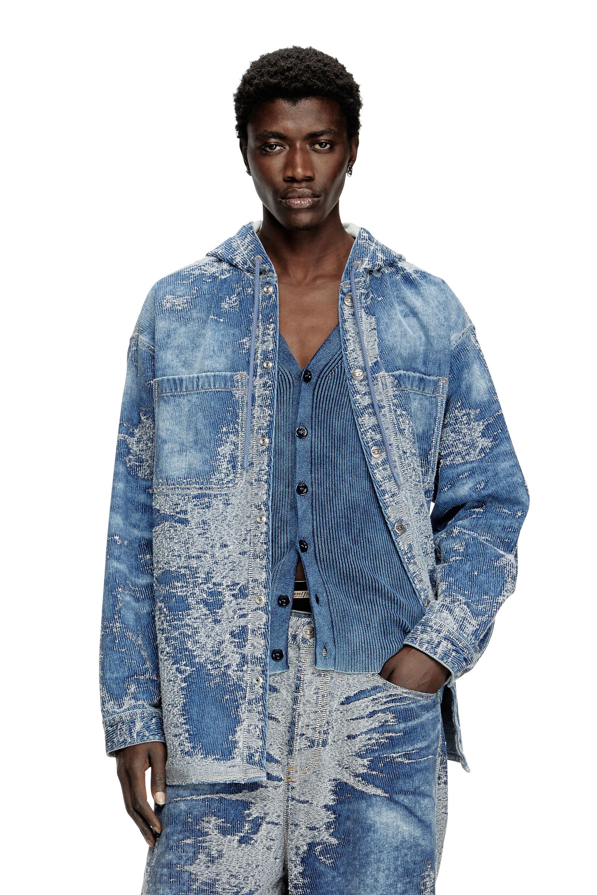 Diesel - D-DEWNYS-HOOD-S, Man's Overshirt in distressed jacquard denim in Medium blue - 3