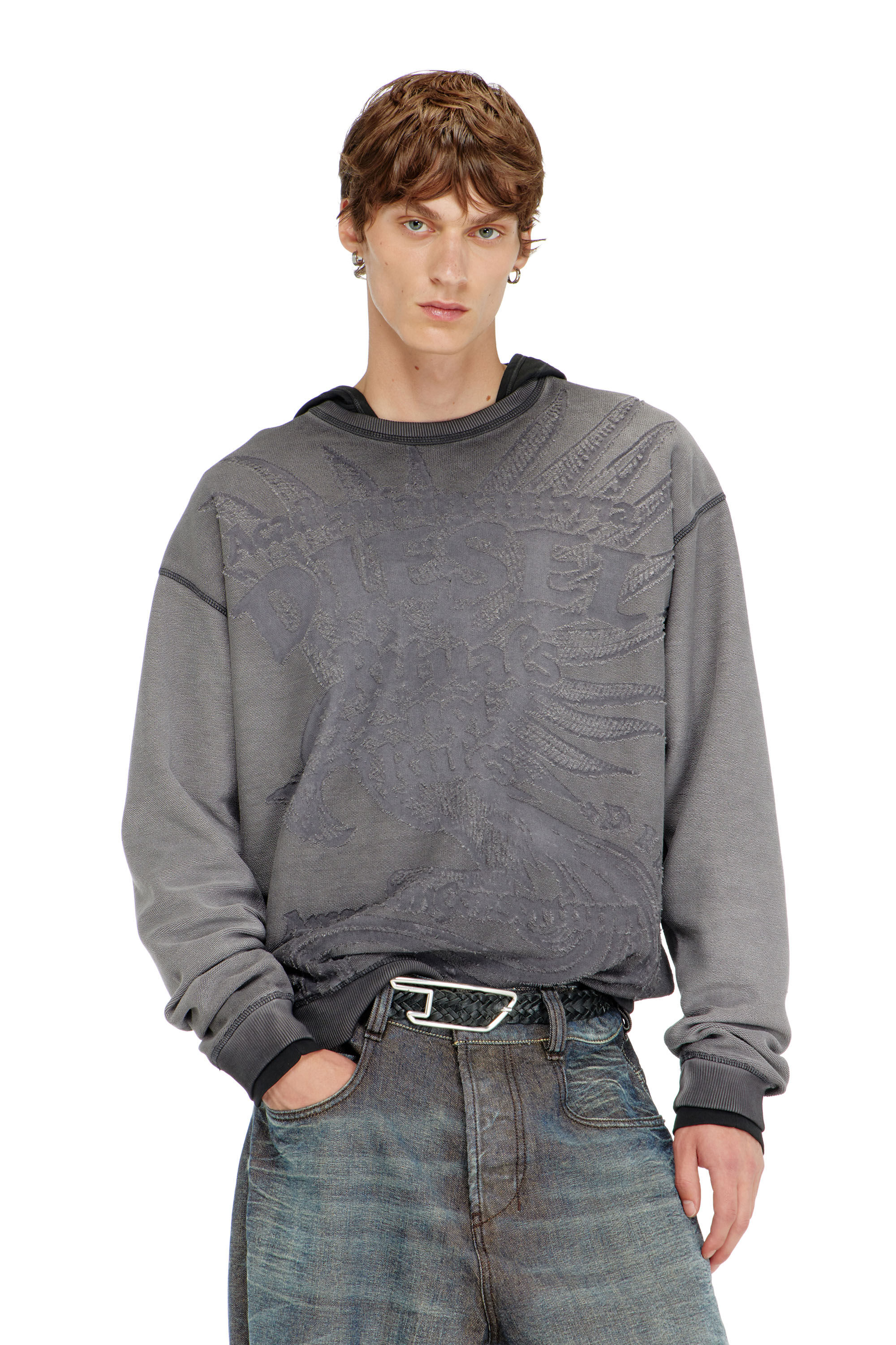 Diesel - S-ARON-RAW, Man's Sweatshirt with d&eacute;vor&eacute; print in Dark grey - 3