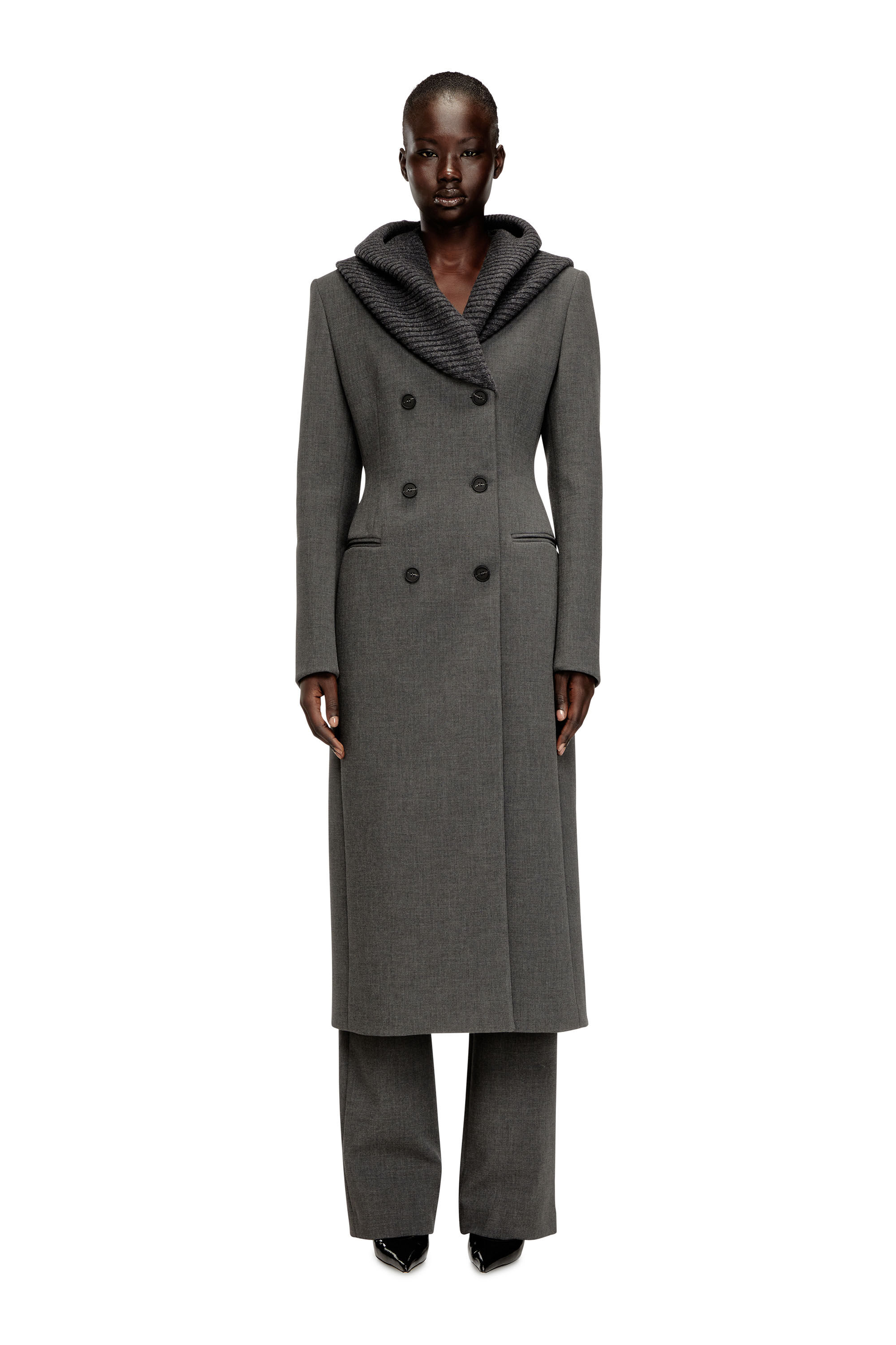 Diesel - G-OLDEN-LONG, Woman's Long hourglass coat with knitted cowl hood in Grey - 3