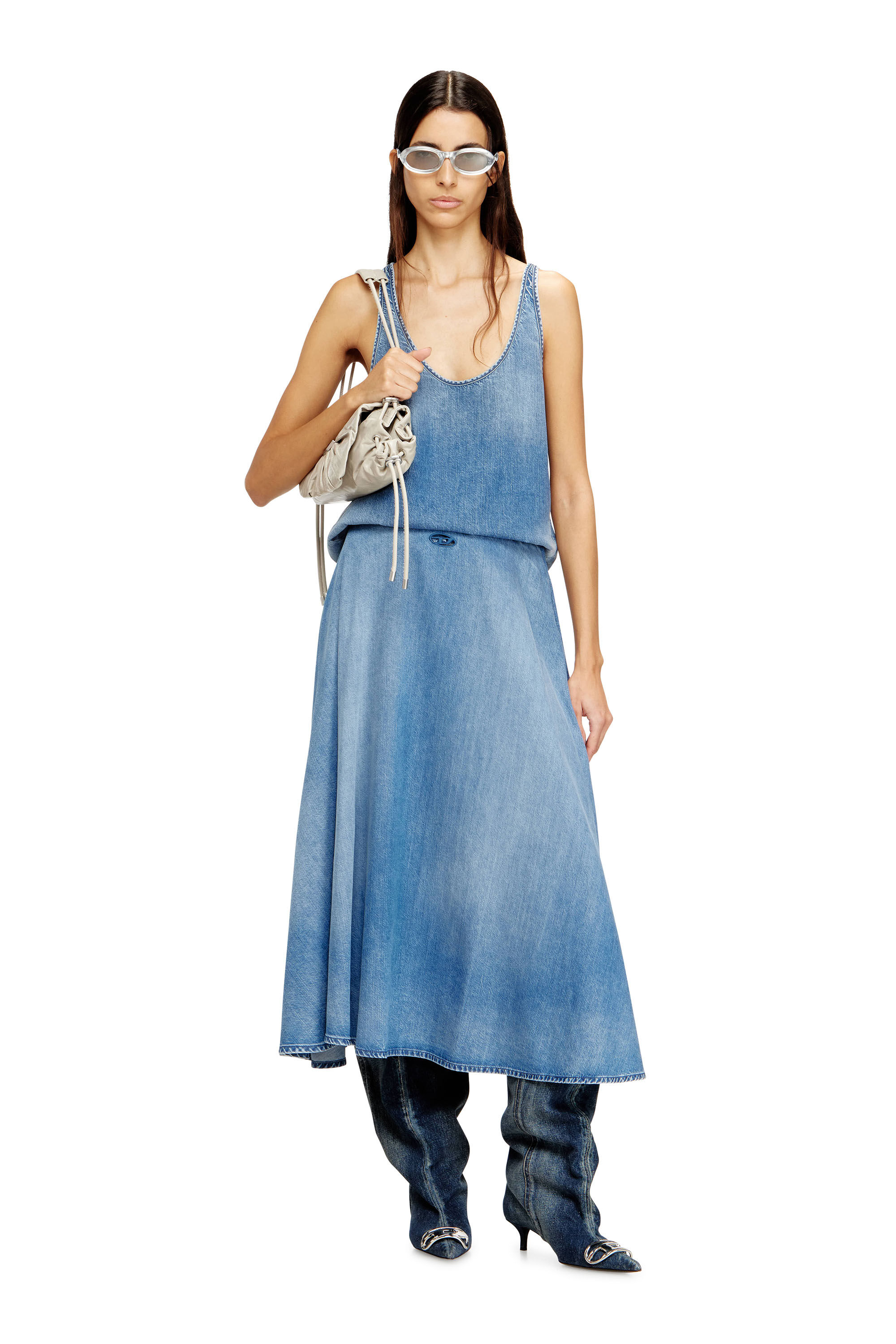 Diesel - DE-ANNIE-S3, Woman's Full skirt in fluid denim in Light Blue - 1