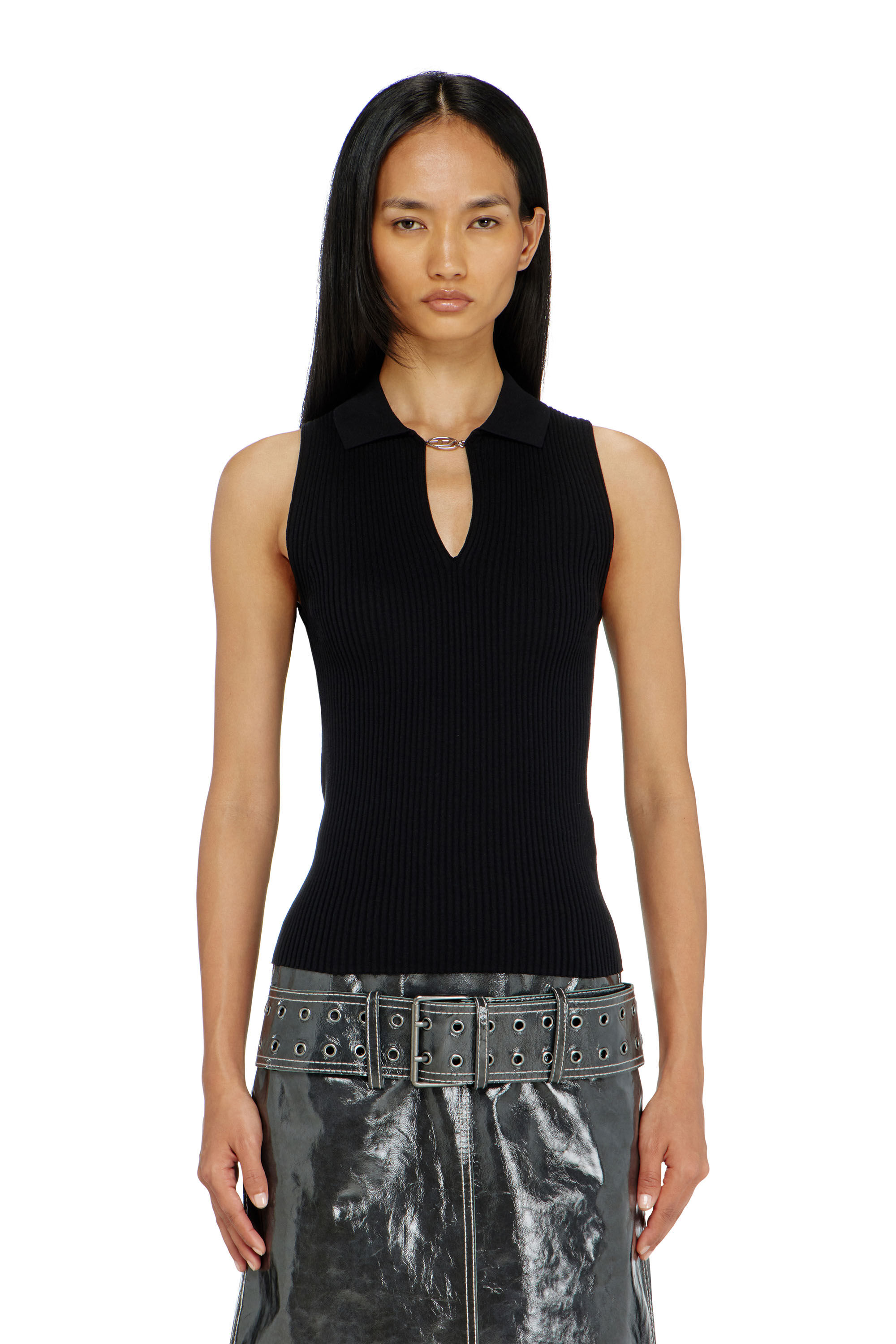 Diesel - M-LILITA, Woman's Sleeveless rib-knit polo top in silk blend in null - 5