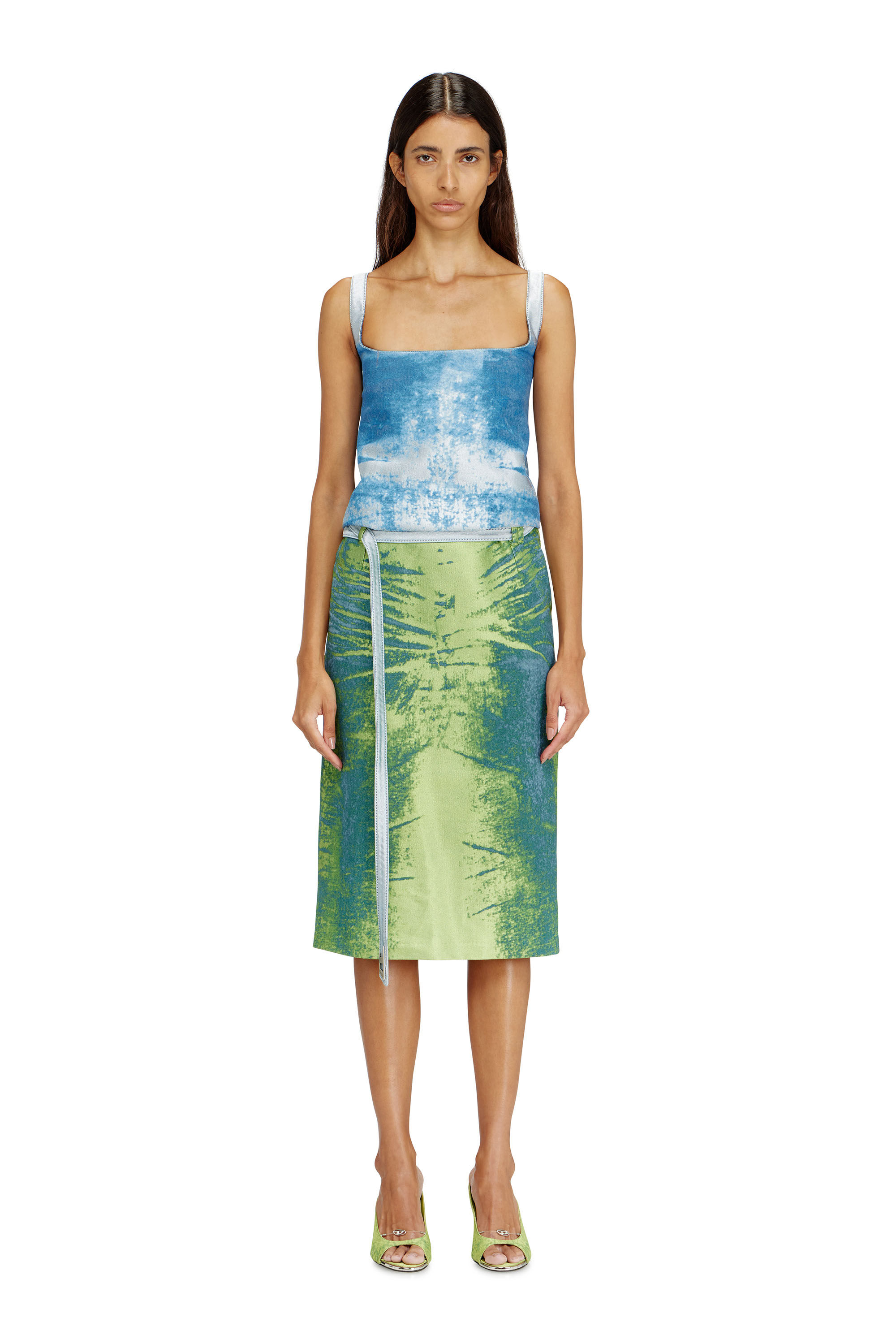 Diesel - DE-SANAT-FSI, Woman's Open-back apron dress in coloured satin denim in Blue/Green - 3