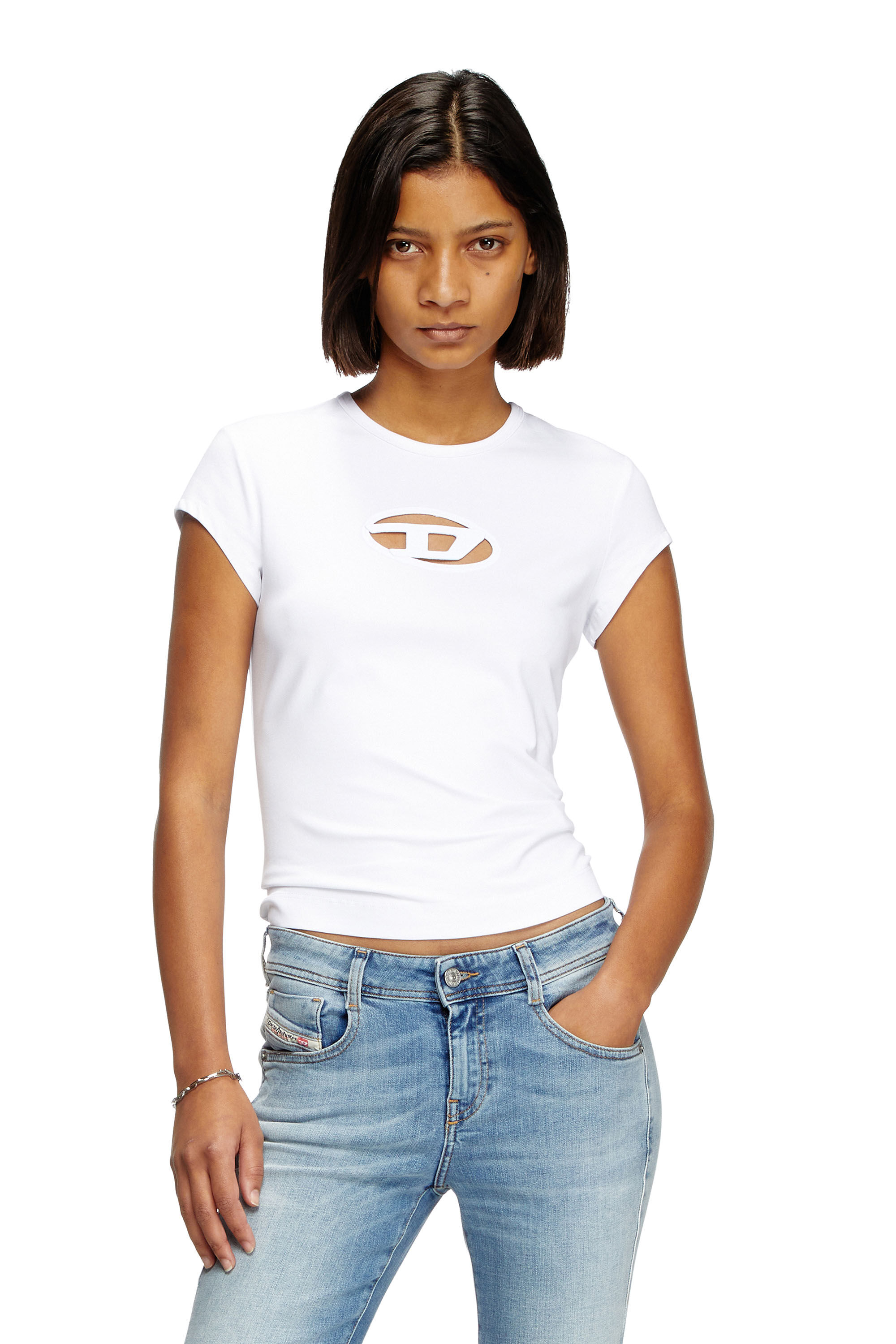 DIESEL ディーゼル t-angie tシャツ ホワイト T-ANGIE Woman: Cotton T-shirt with cut-out D logo | Diesel