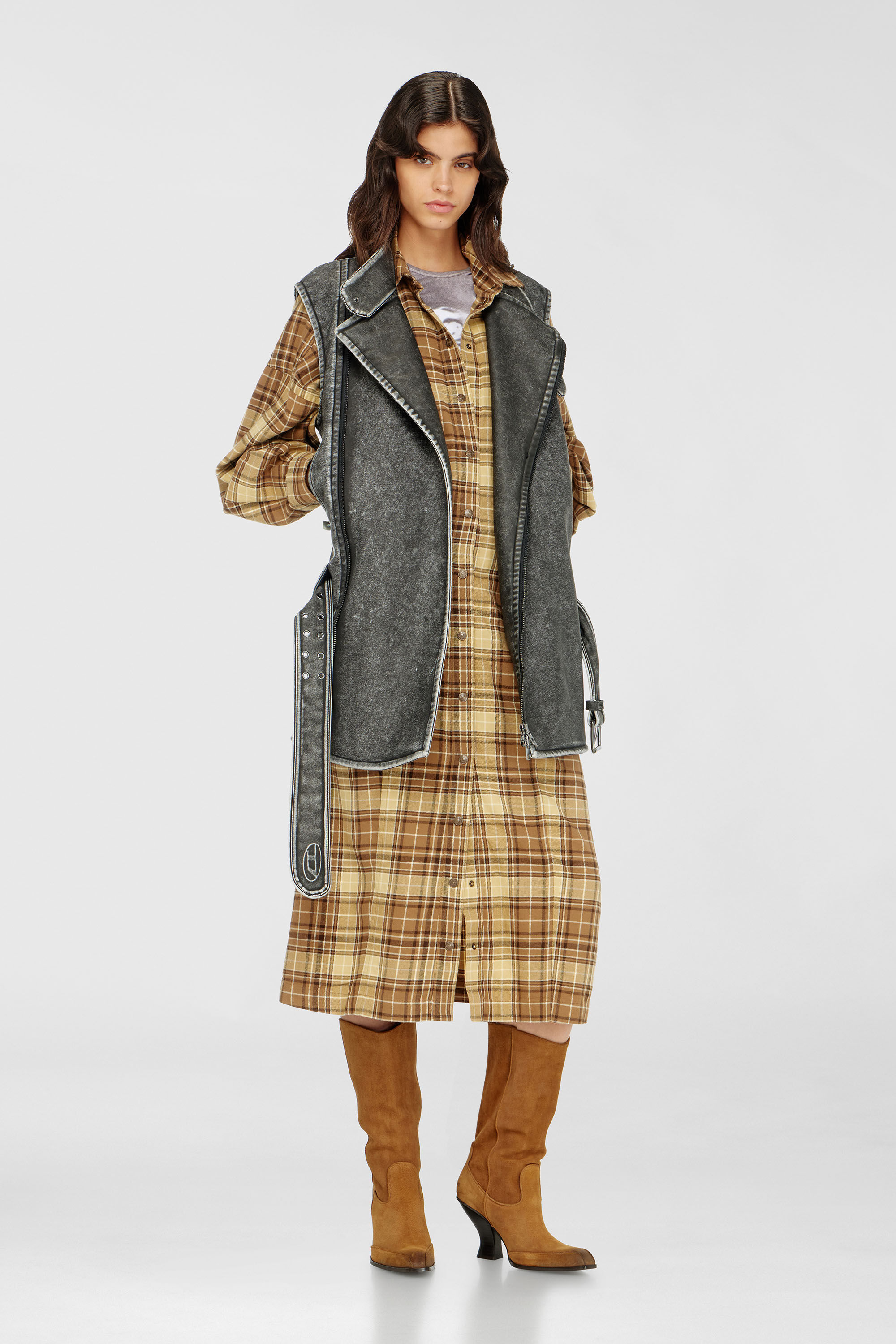 Diesel - D-EDALUS, Woman's Midi dress in check flannel with wide belt in Brown/Yellow - 1