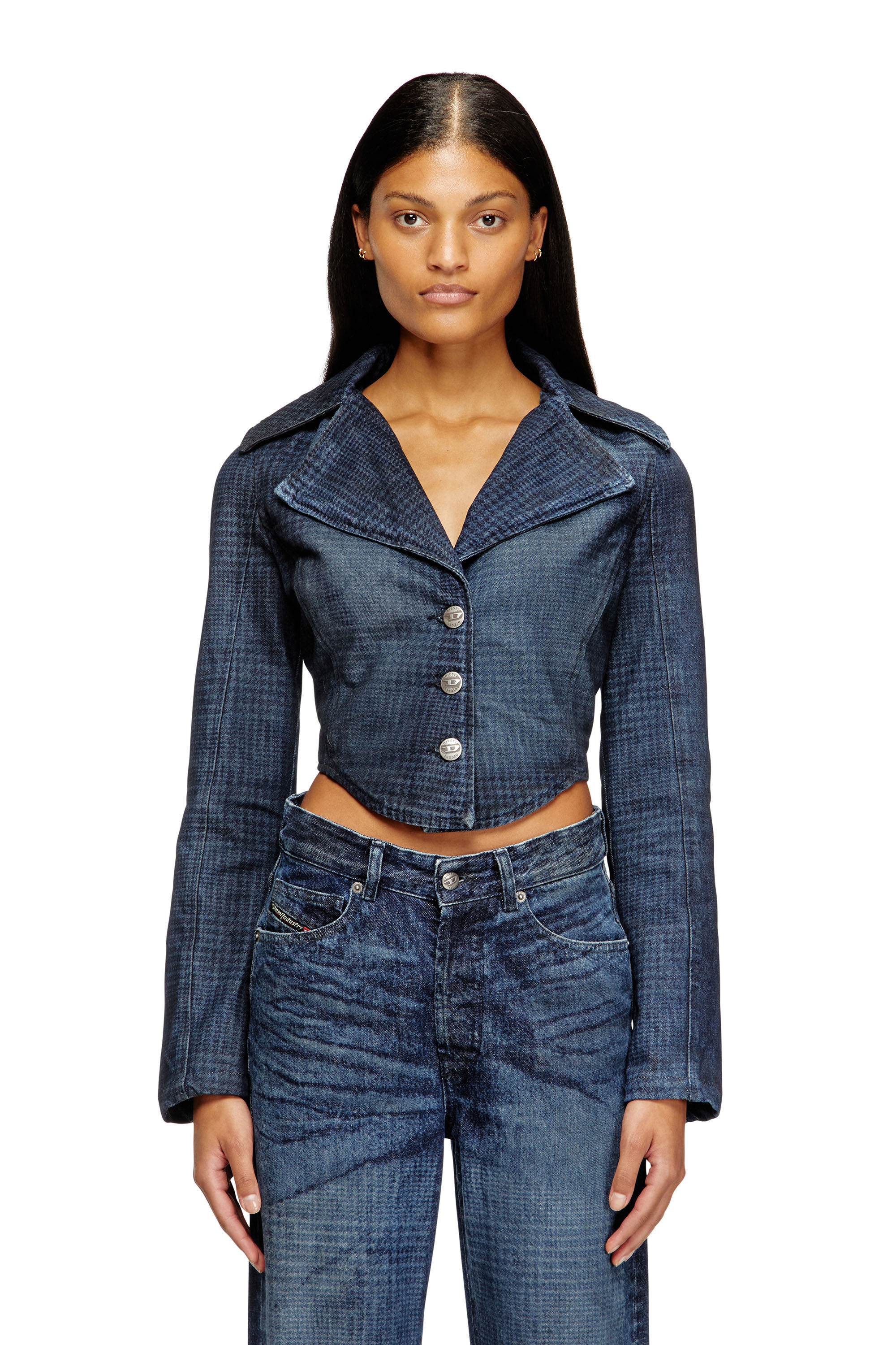 Diesel - DE-ALI-S, Woman's Cropped jacket in Prince of Wales denim in Dark Blue - 2