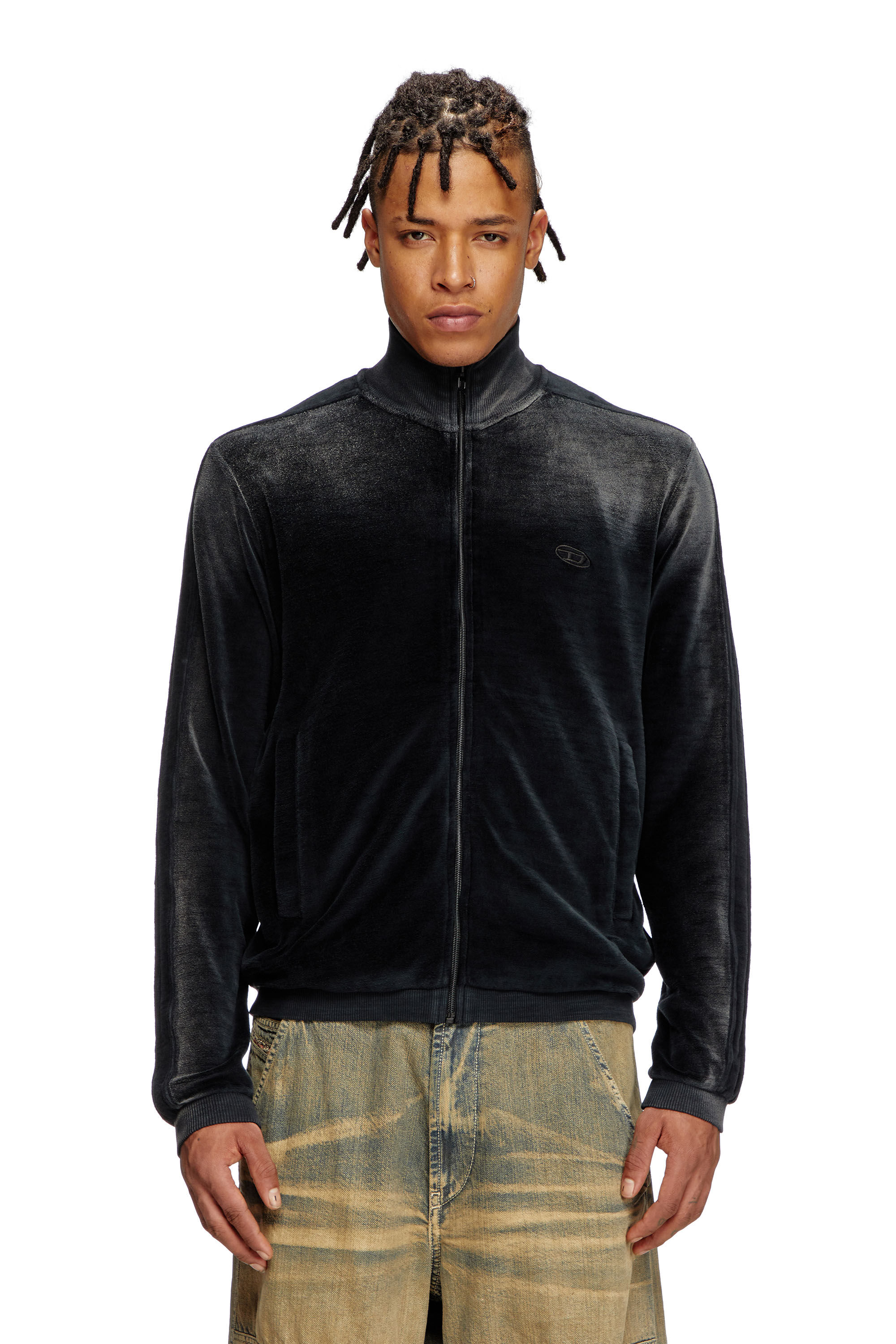 Diesel - S-OLOCK-BAND, Man's Faded velvet track jacket in Black - 3