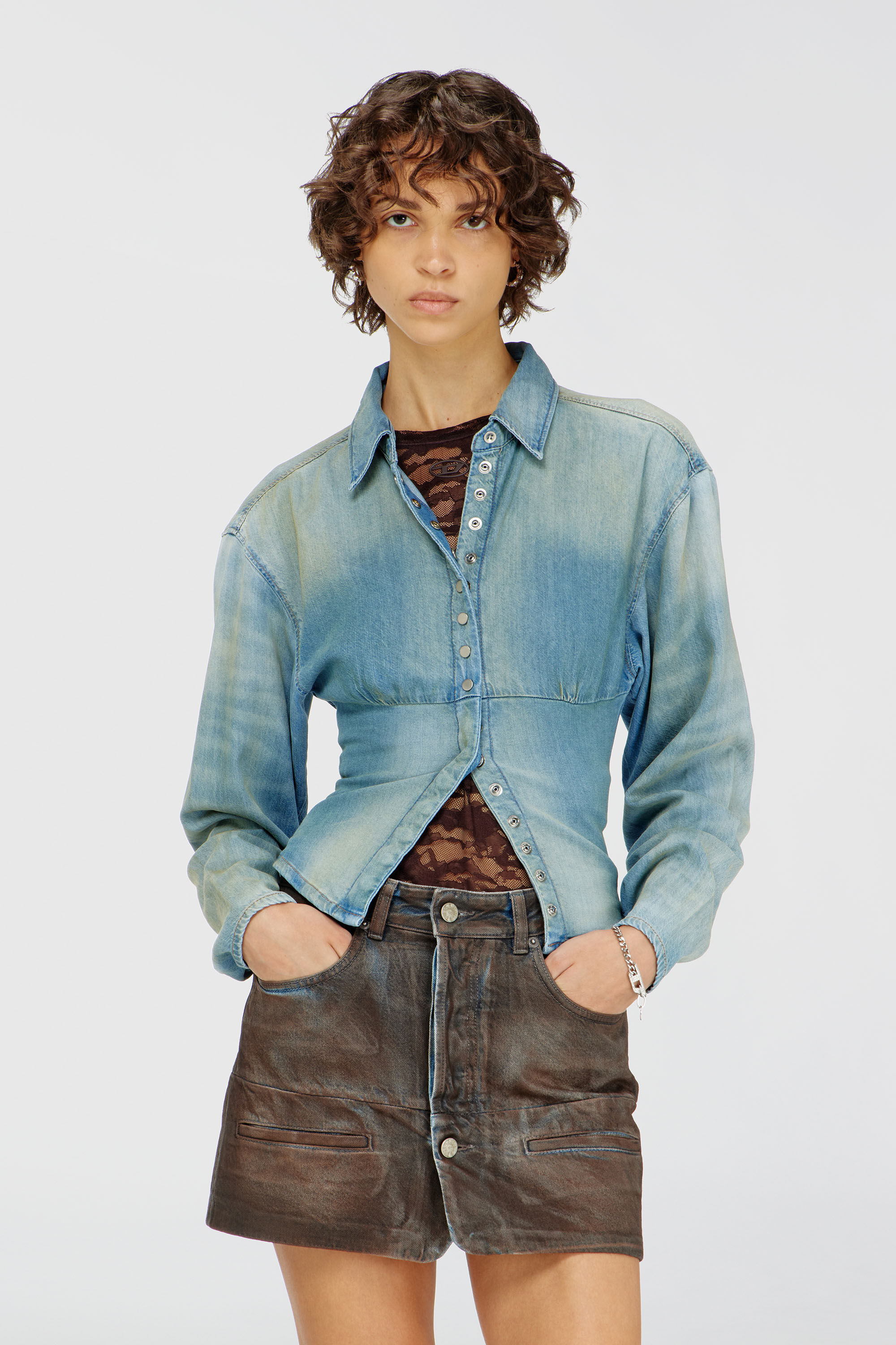 Diesel - DE-VIOLI-S1, Woman's Denim shirt with sectioned design in Light Blue - 3