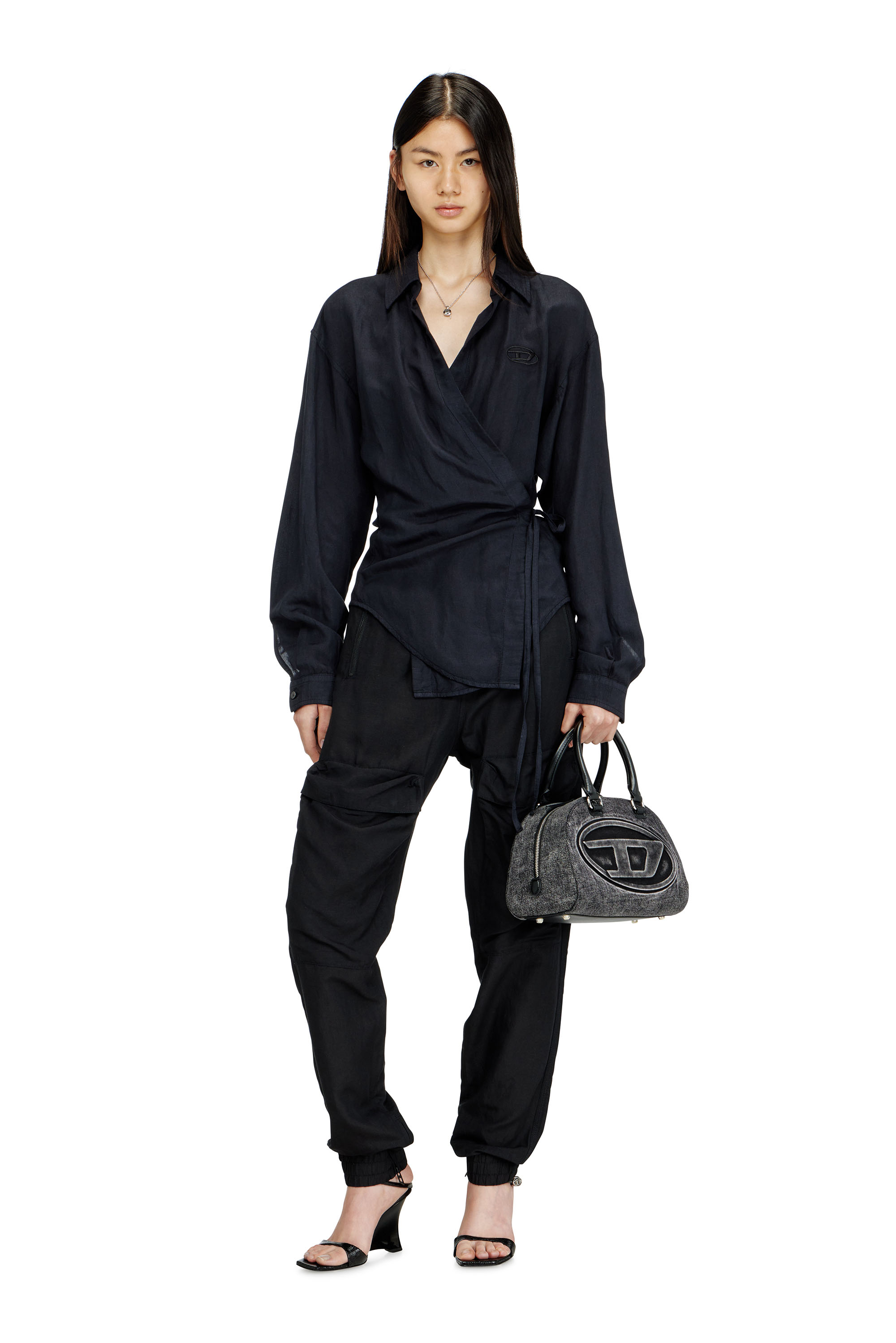 Diesel - C-DELPHOS-S3, Woman's Linen-blend shirt with wrap closure in Black - 2