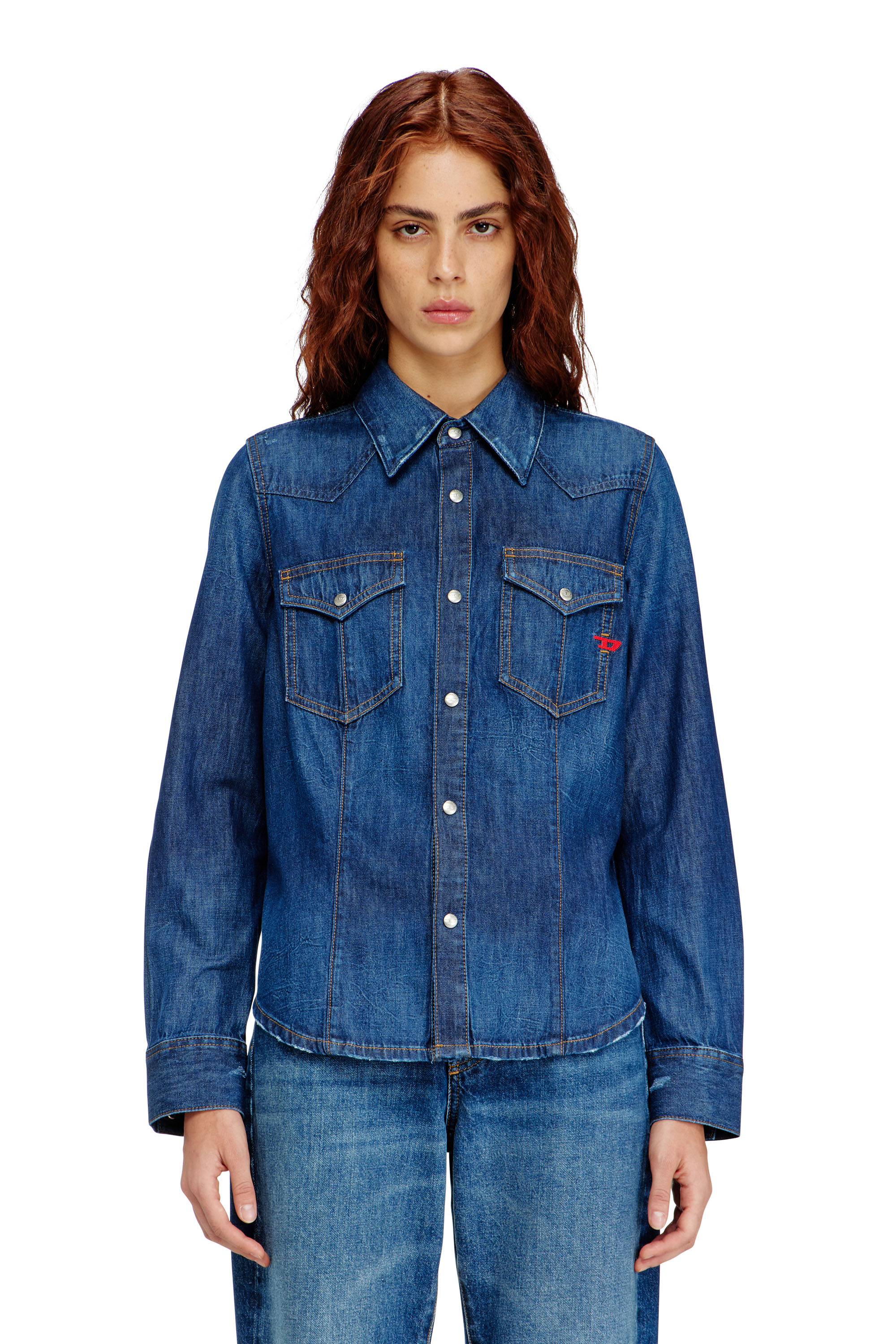 Diesel - DE-WAVES, Woman's Western shirt in clean-wash denim in Medium blue - 1