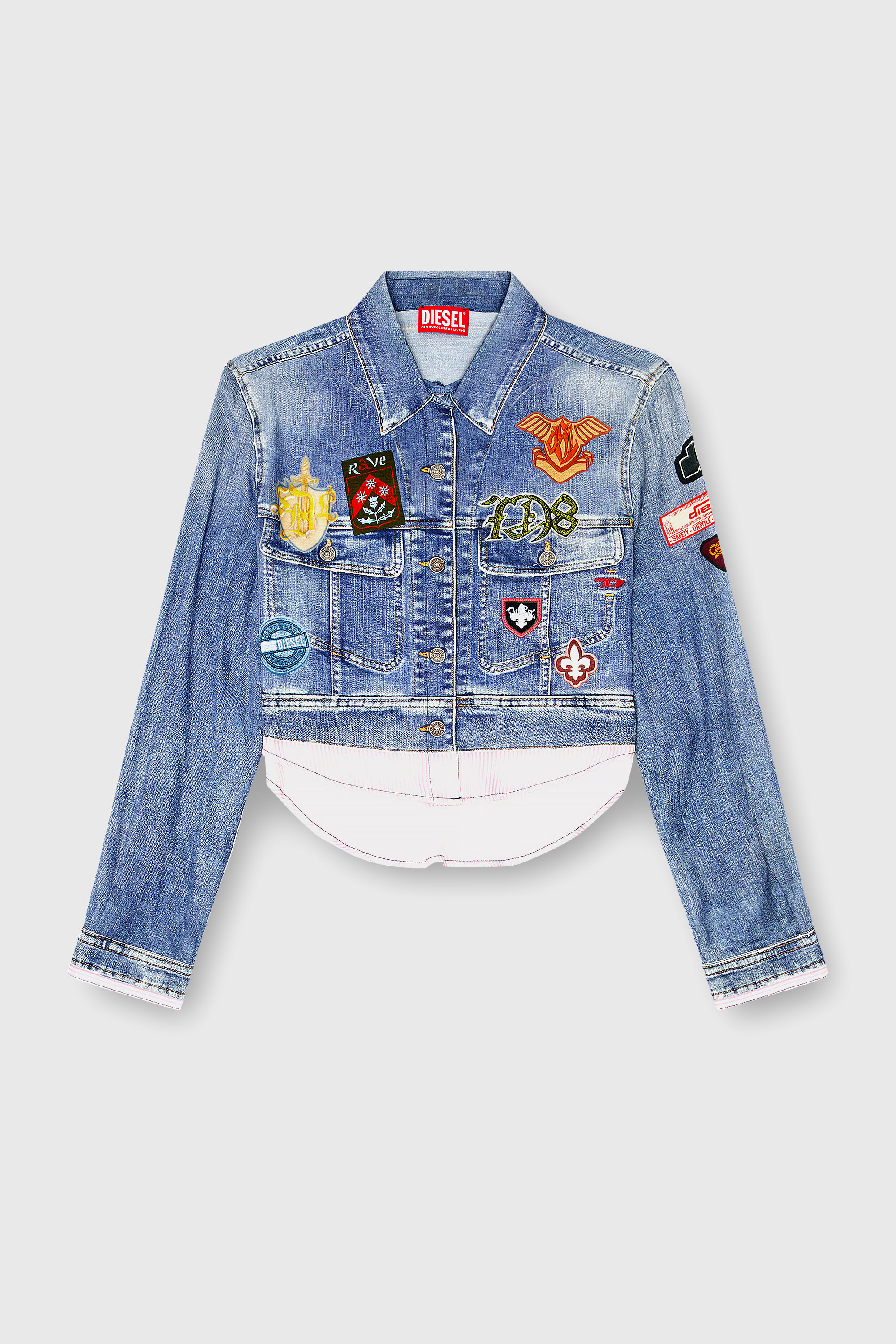 Diesel - C-LONE, Woman's Cropped satin shirt with trompe-l&rsquo;oeil denim print in Medium blue - 2