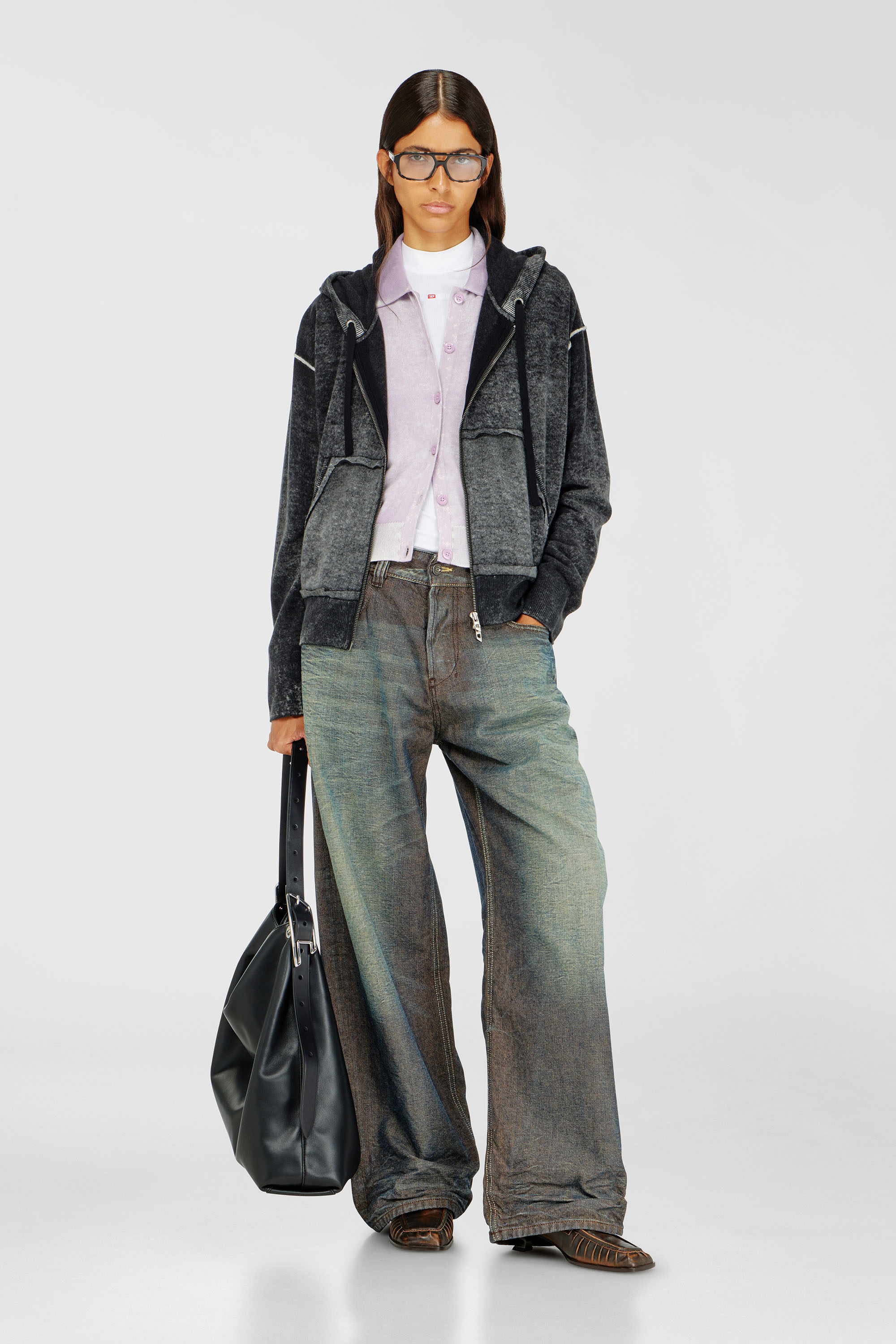 Diesel - M-HERMINE, Woman's Reverse-print hooded cardigan in wool in Black/Grey - 2