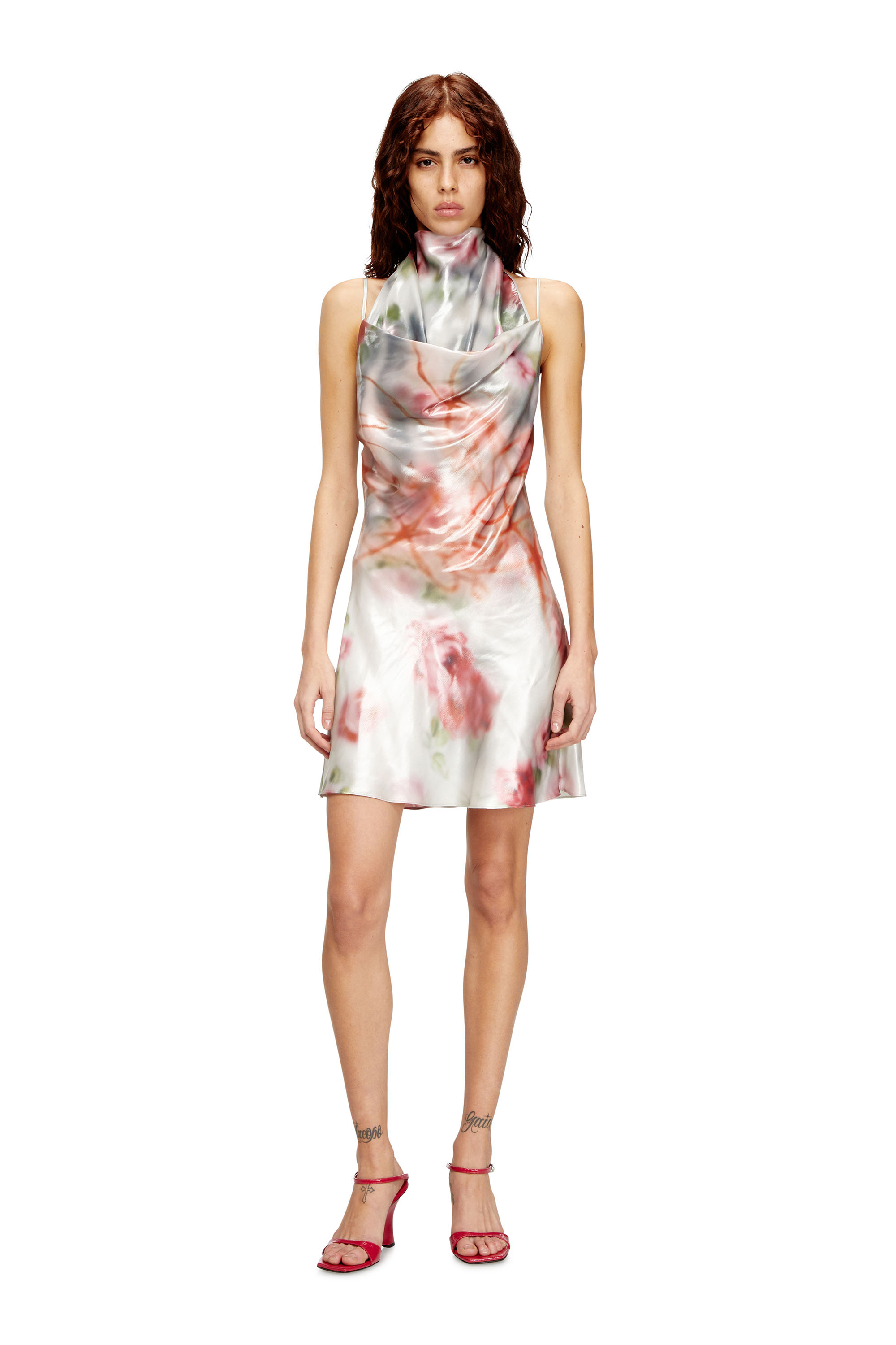 Diesel - D-EBRA-SHORT, Woman's Metallic short dress with blurred rose print in Multicolor - 1