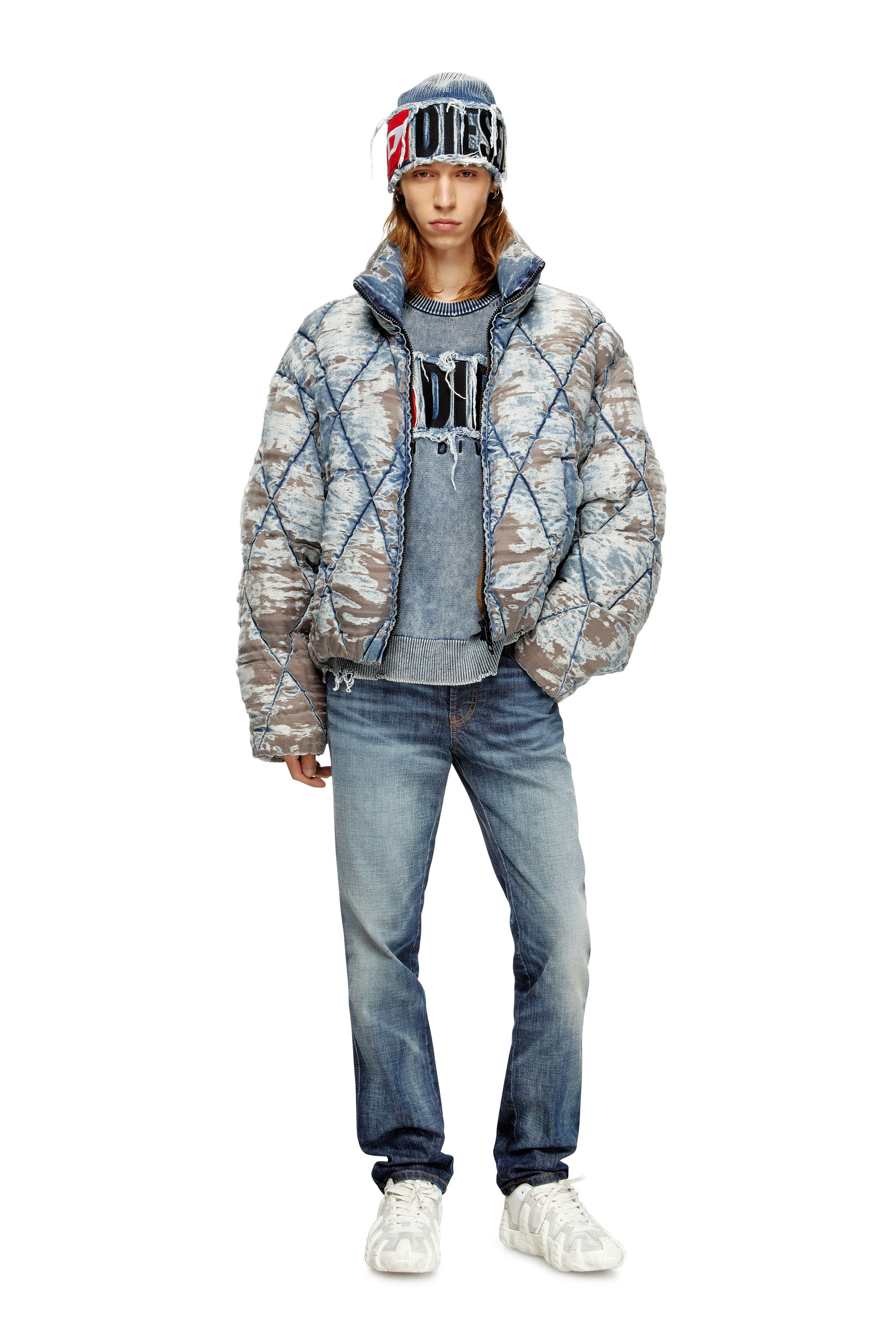 Diesel - W-KONS, Man's Padded jacket in argyle-quilted devoré denim in Light Blue - 1