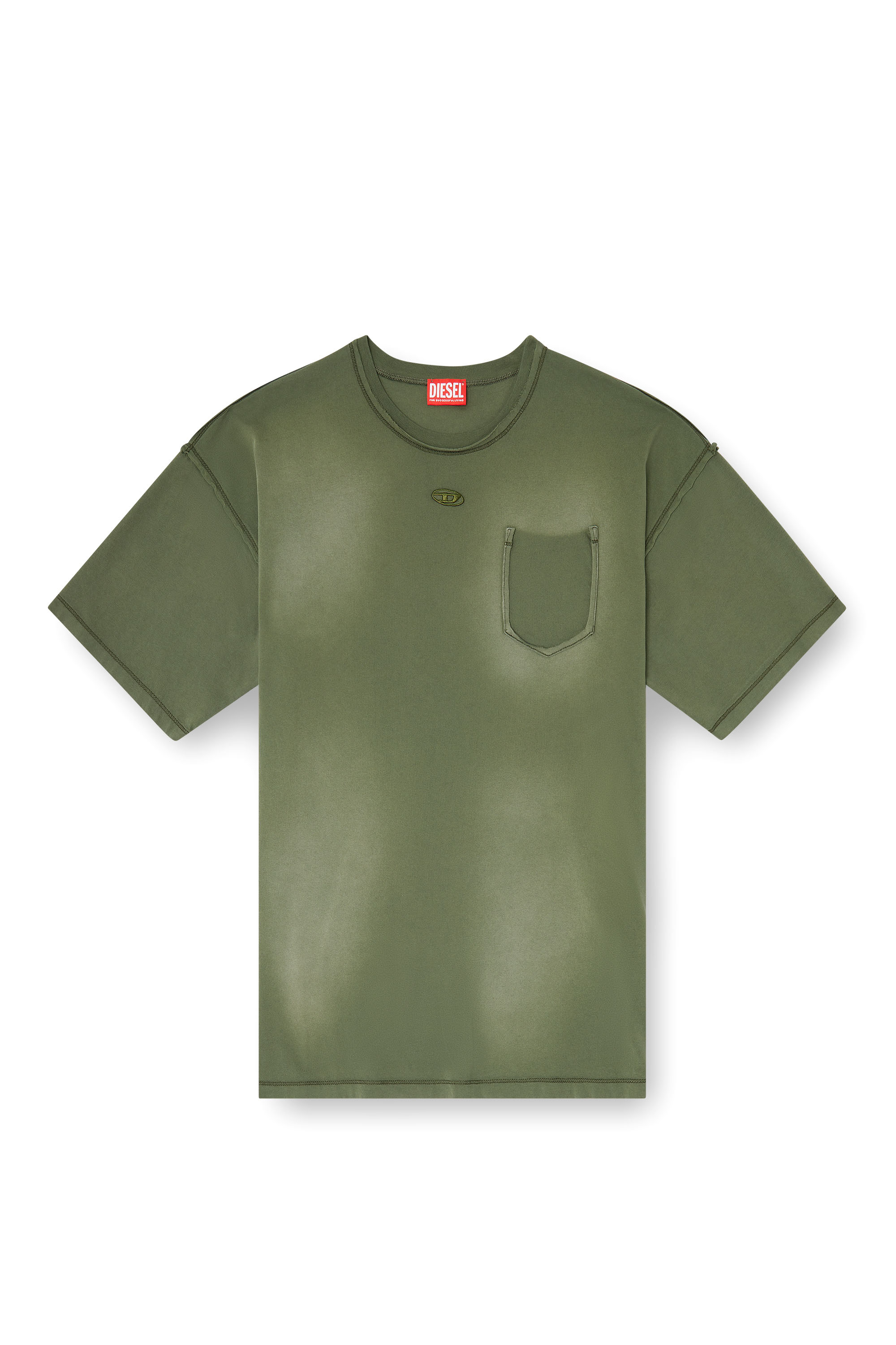Diesel - T-POCK, Man's Faded T-shirt with ripped pocket detail in Green - 3