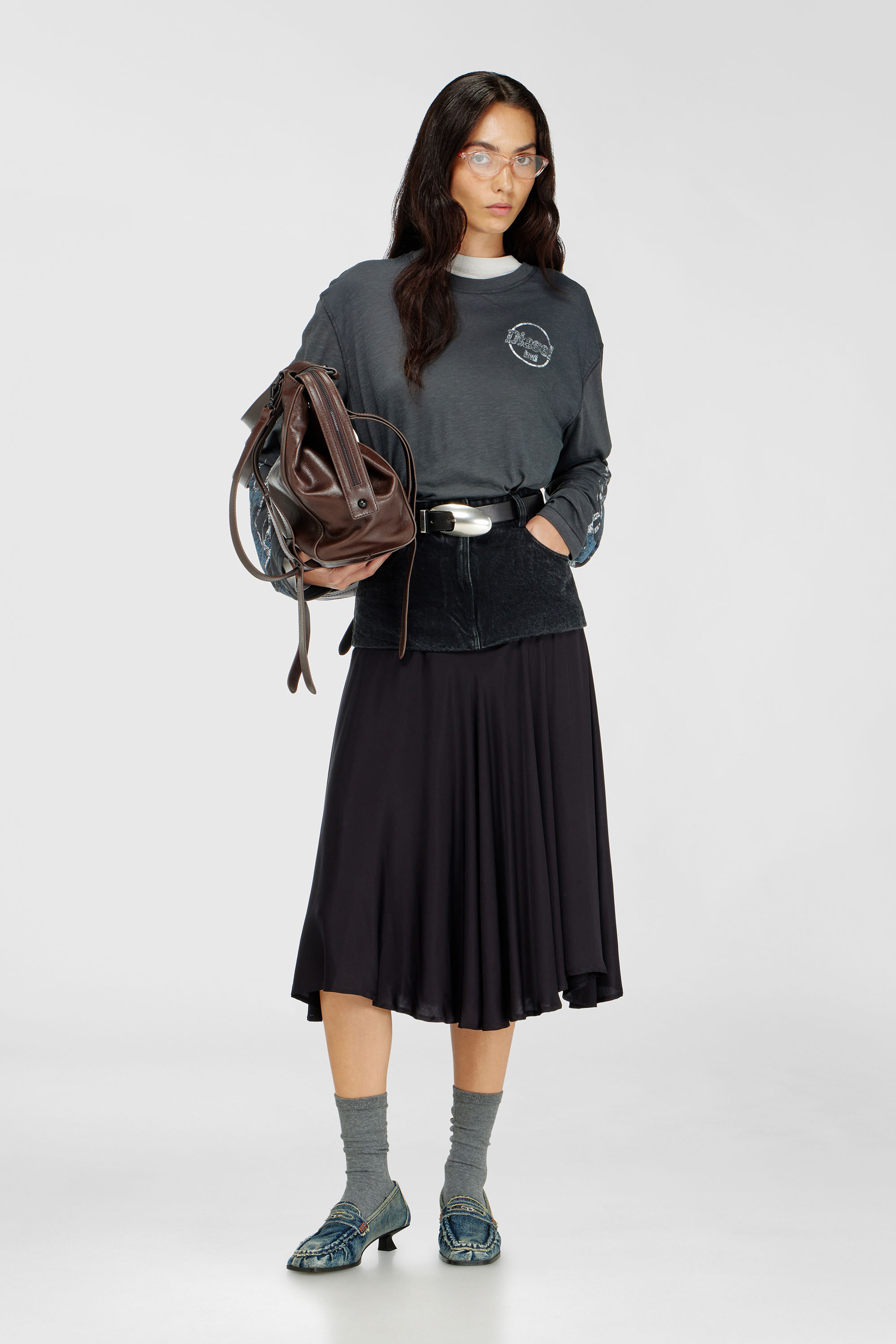 Diesel - T-HILARY-LS-B3, Woman's Long-sleeve T-shirt in slub jersey with crack print in Dark grey - 2