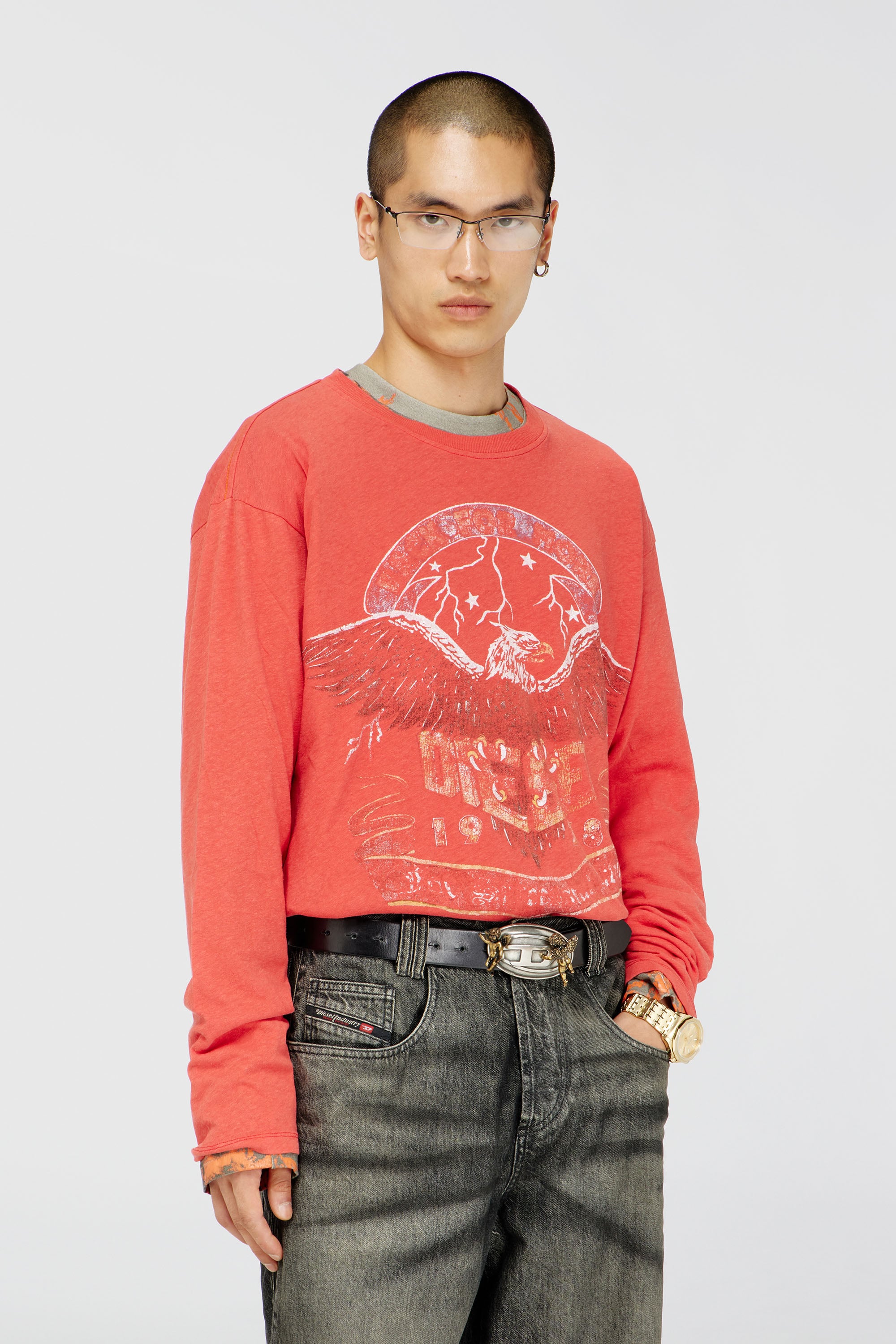 Diesel - T-GERI-LS, Man's Long-sleeve T-shirt with concert graphics in Coral Rose - 1