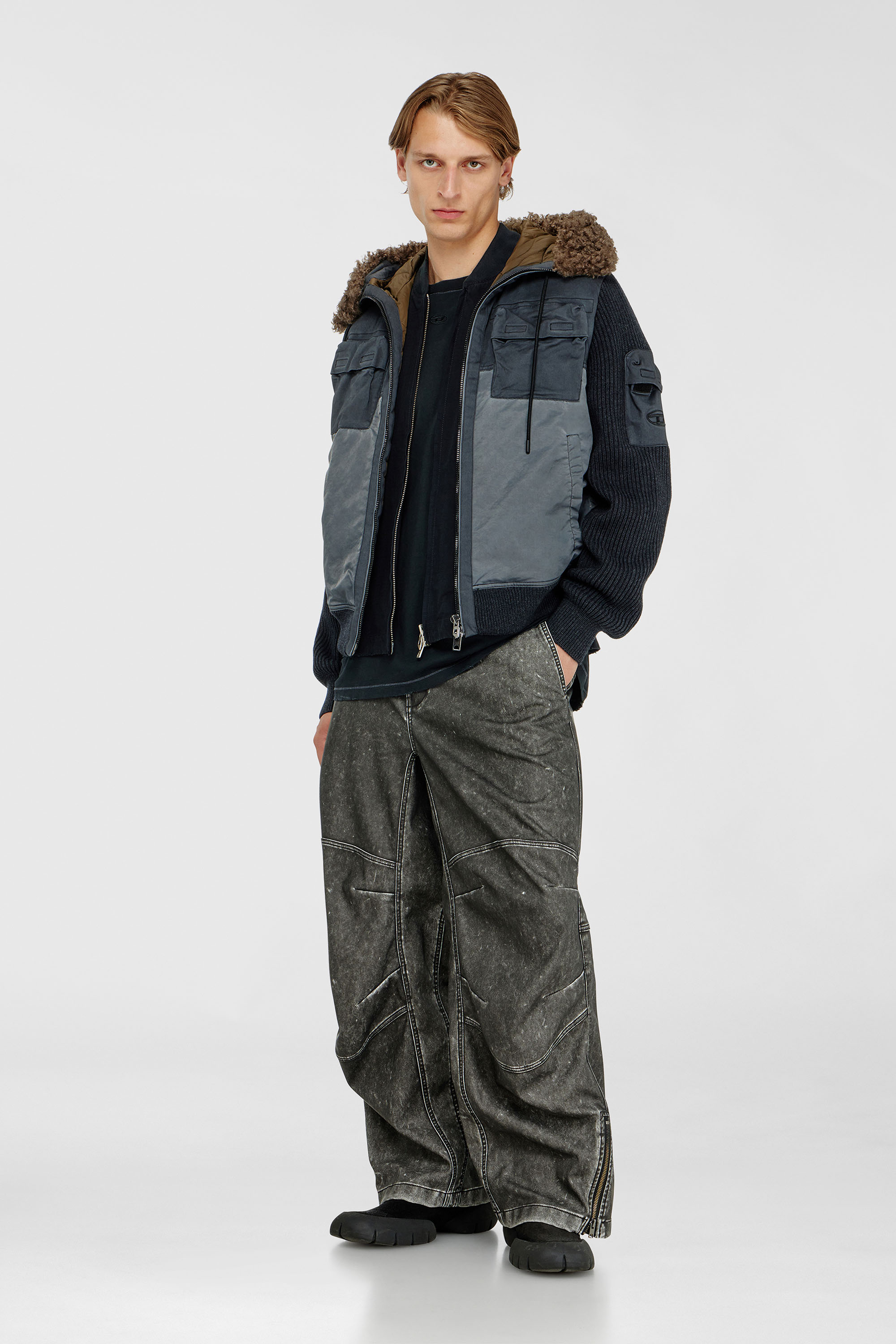 Diesel - W-DELLS, Man's Hooded padded jacket with knitted sleeves in Dark Blue - 1