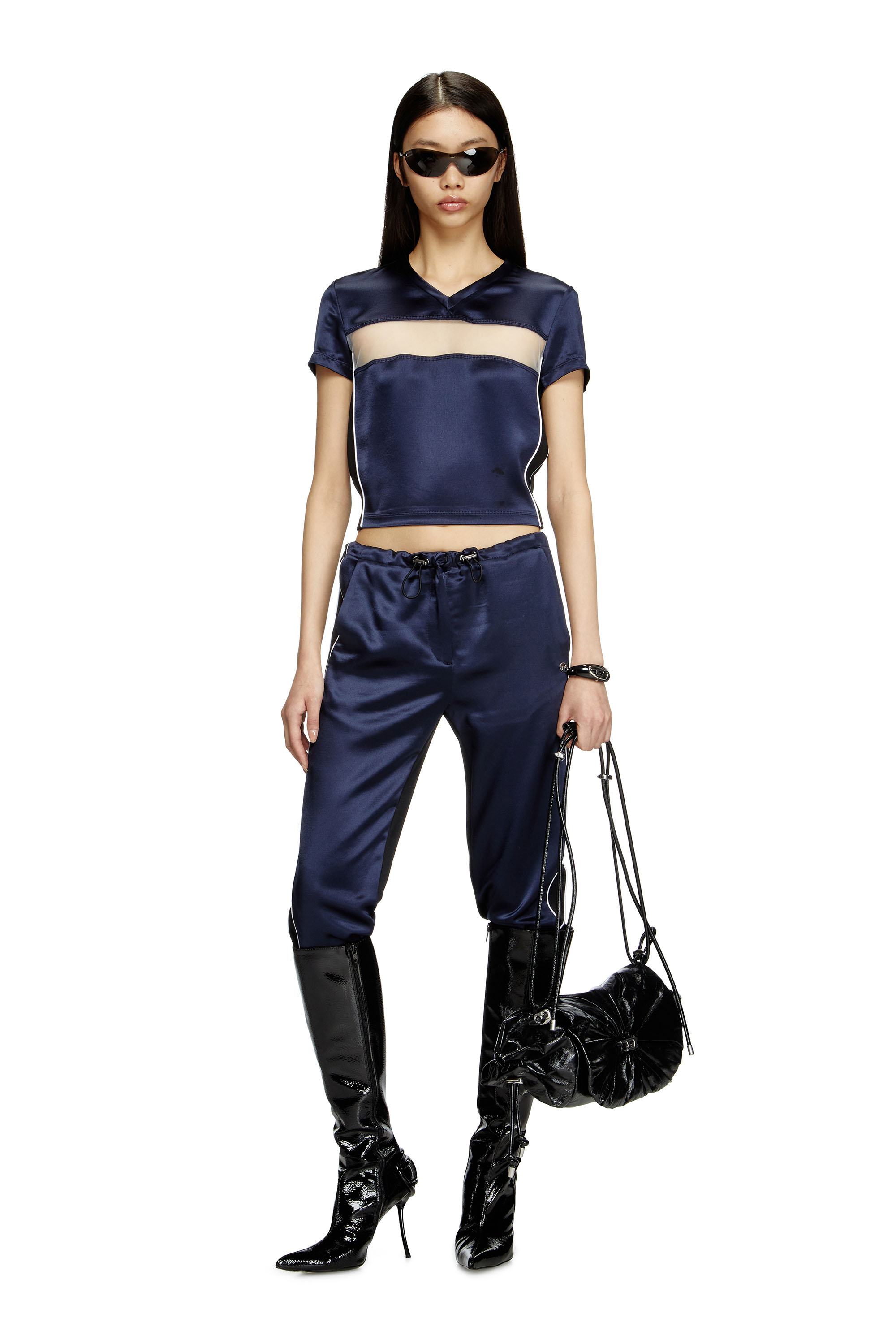 Diesel - T-RACE, Woman's Cropped T-shirt in satin, knit and tulle in Dark Blue - 2