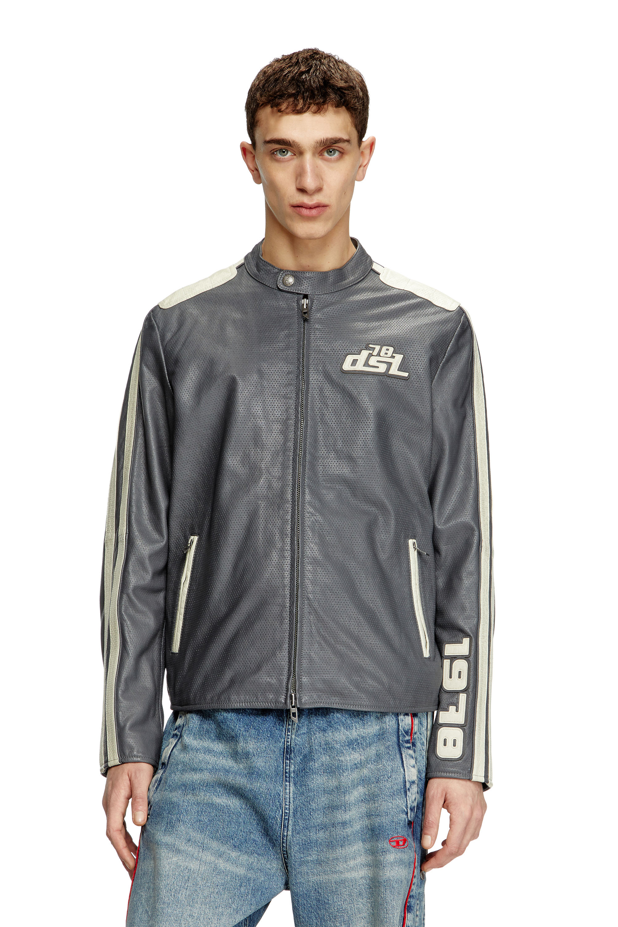 Diesel - L-POP, Unisex's Biker jacket in perforated leather in Grey - 3