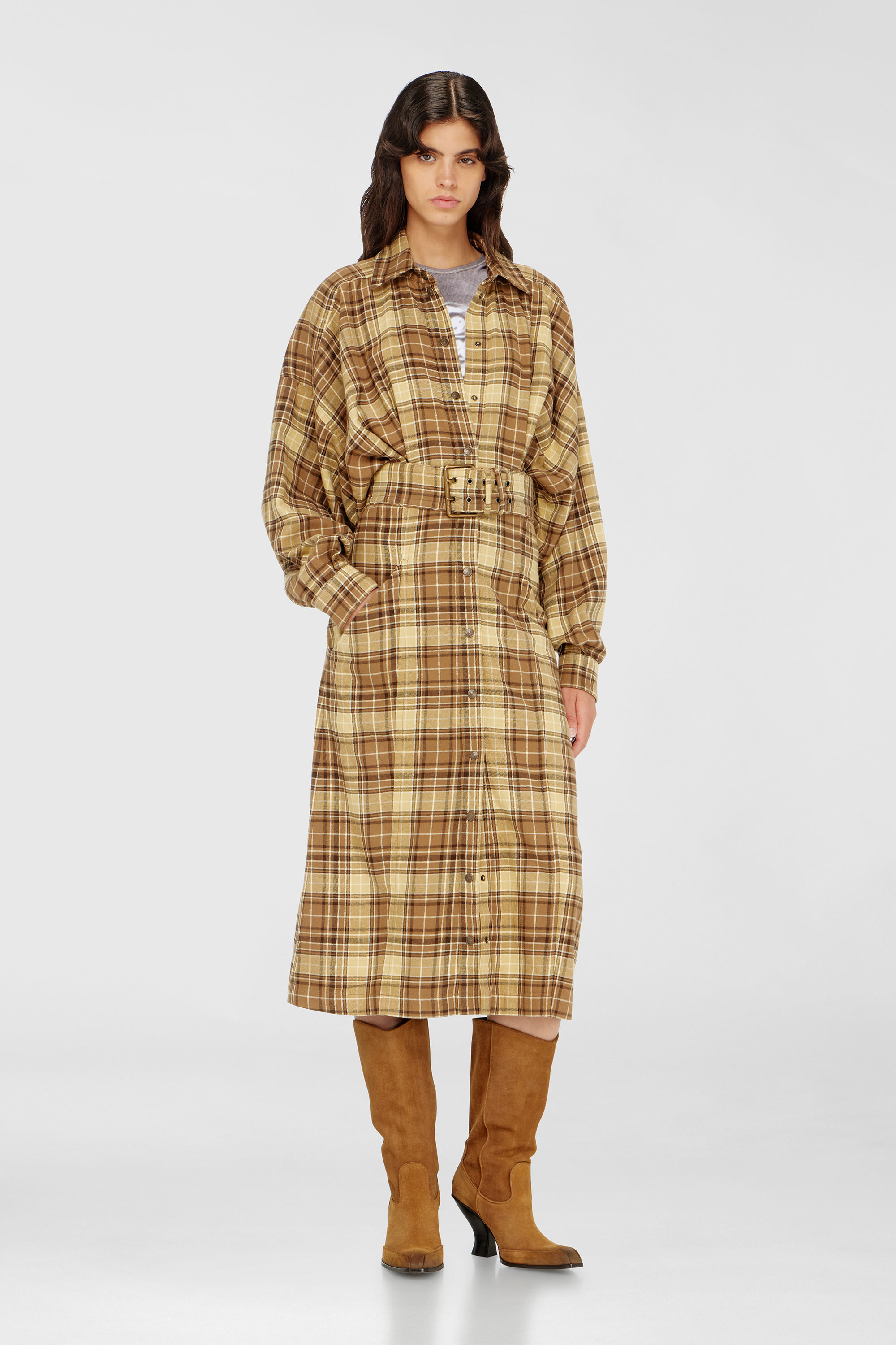Diesel - D-EDALUS, Woman's Midi dress in check flannel with wide belt in Brown/Yellow - 1