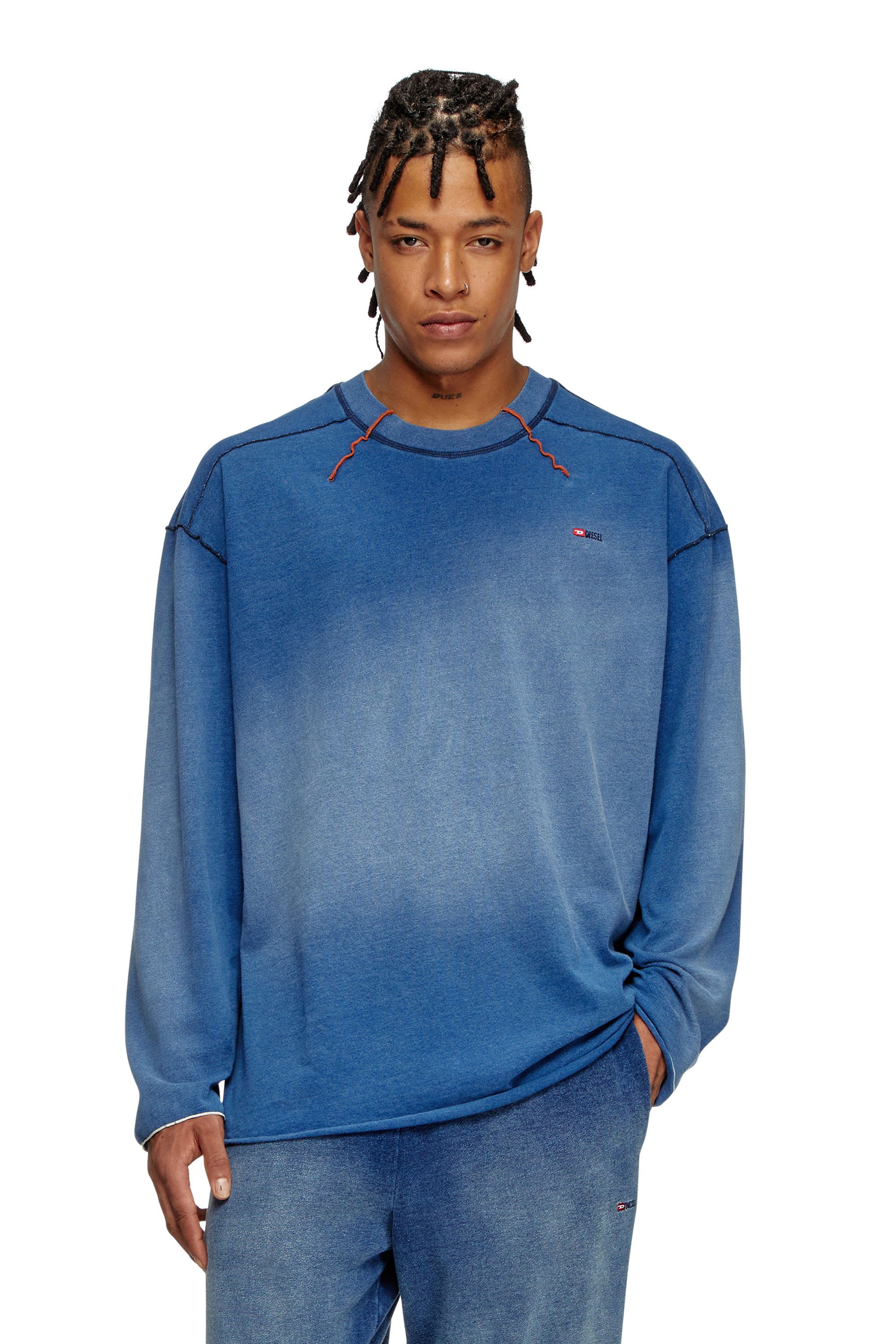 Diesel - T-CRAO-LS, Man's Faded long-sleeve T-shirt with micro logo in Blue - 1