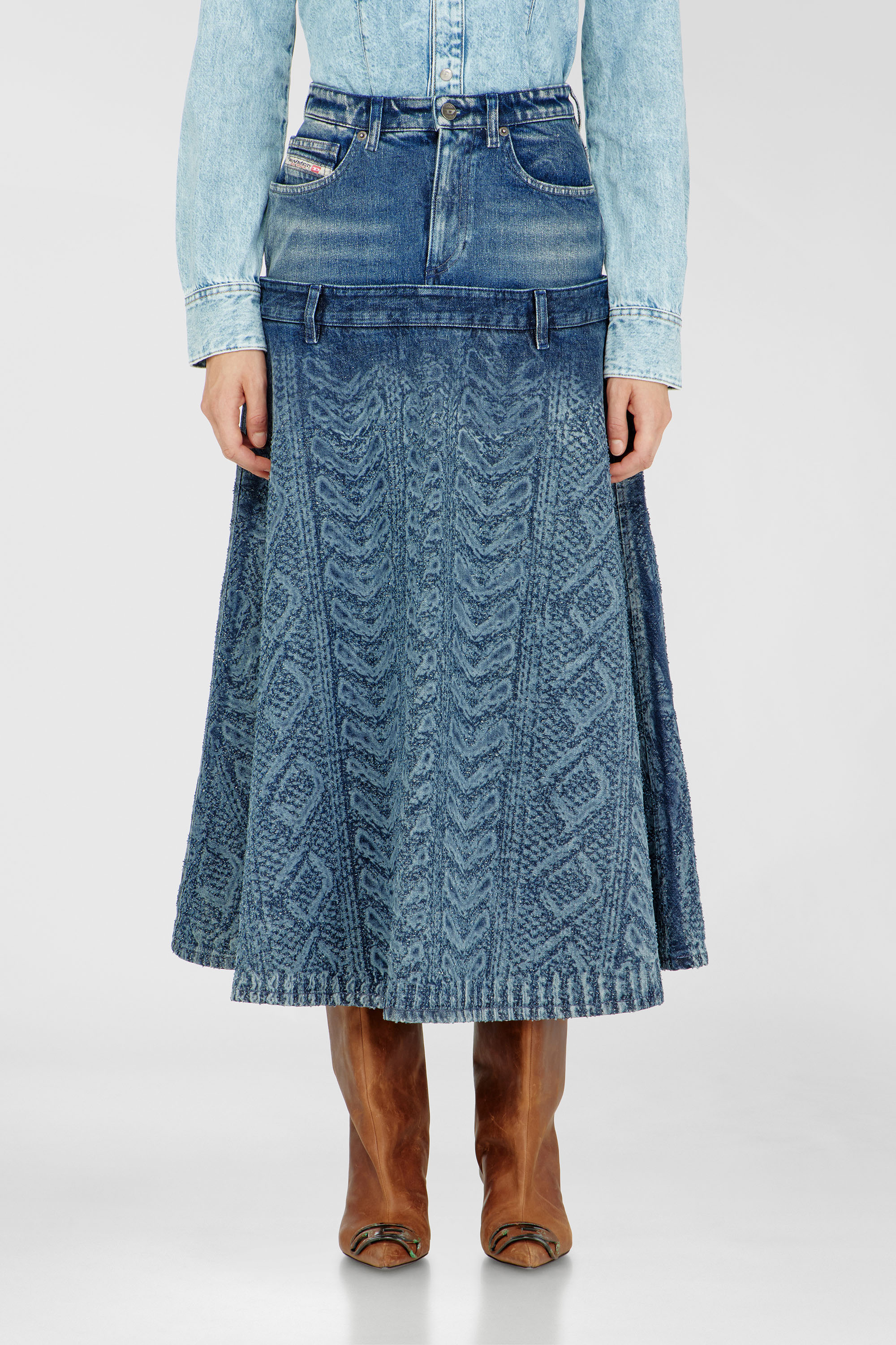 Diesel - DE-VORYA-S1, Woman's Midi skirt in cable-knit-effect denim in Medium blue - 1