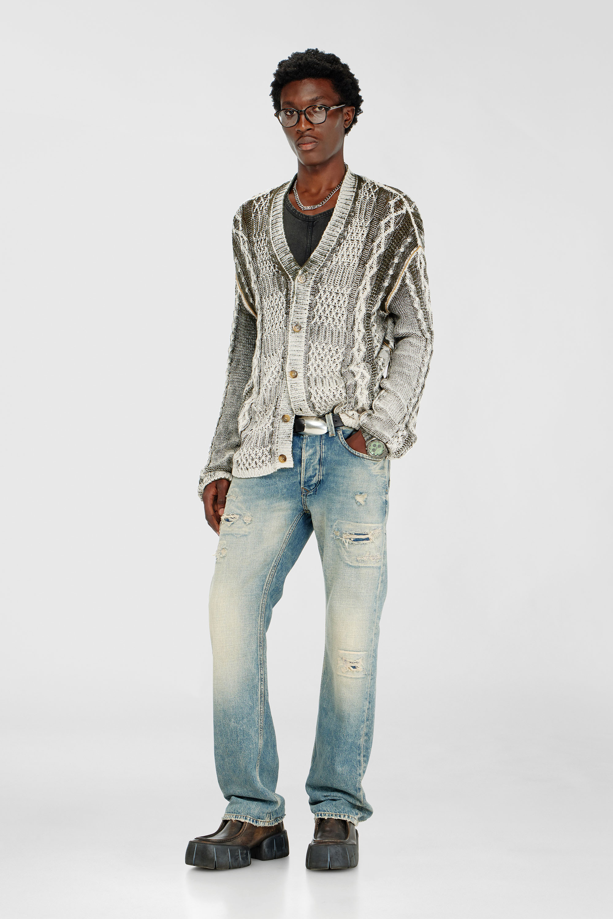 Diesel - K-MIOTO, Man's Treated cable-knit cardigan in White/Grey - 2