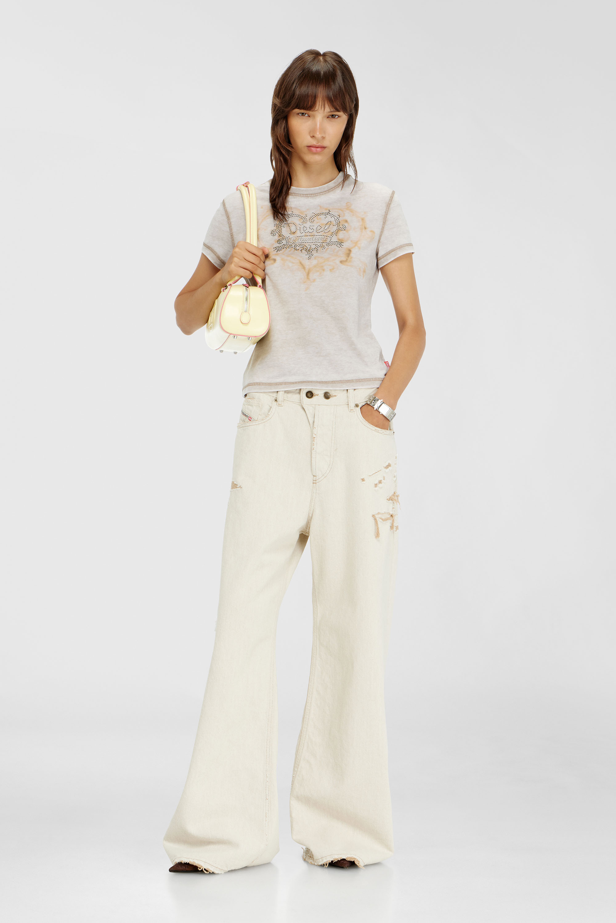 Diesel - T-ILA-AA1, Woman's Jersey t-shirt with rhinestones and burnout effect in Light Grey - 2