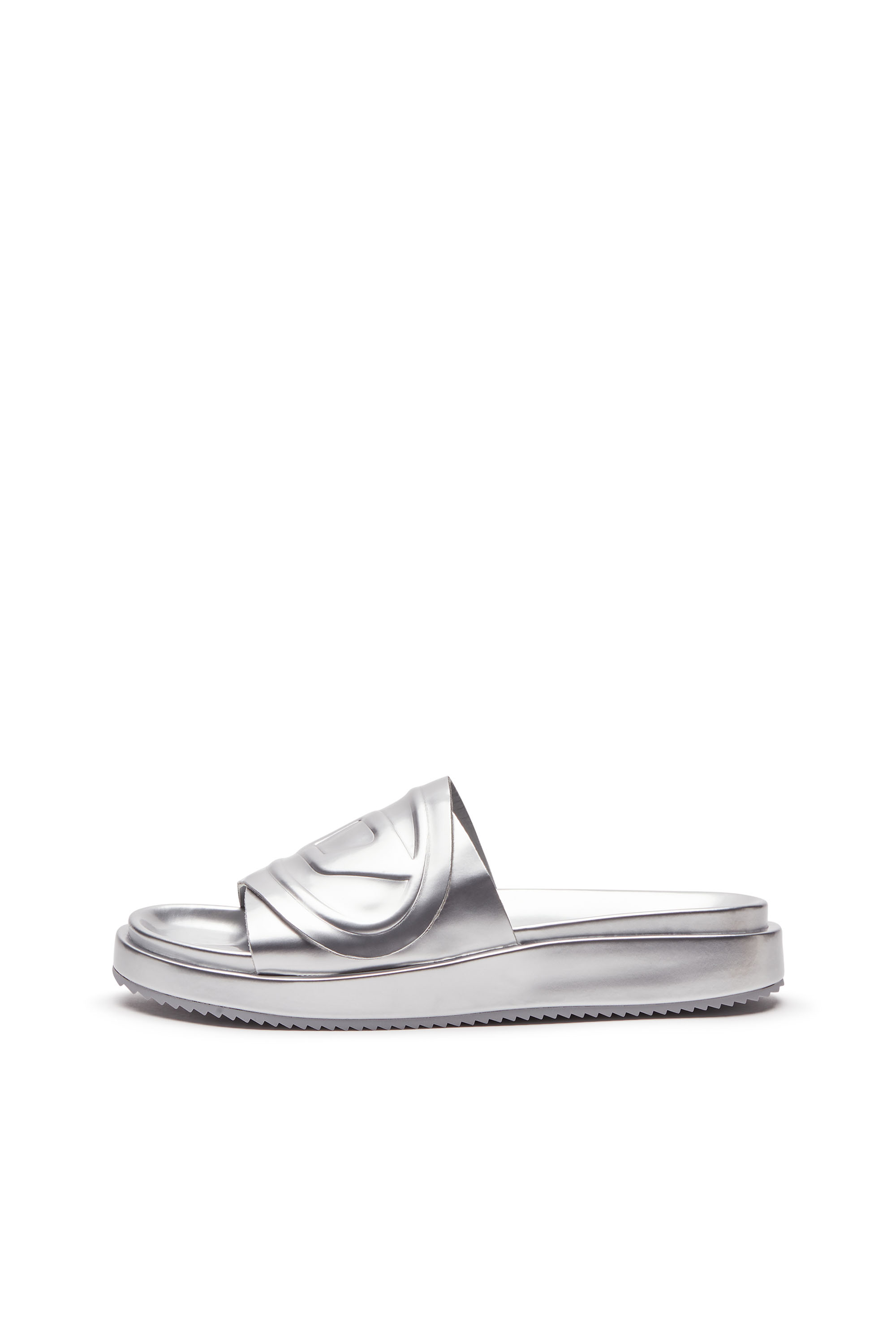 Diesel - SA-SLIDE D OVAL W, Woman's Sa-Slide D-Metallic slide sandals with Oval D strap in Silver - 7