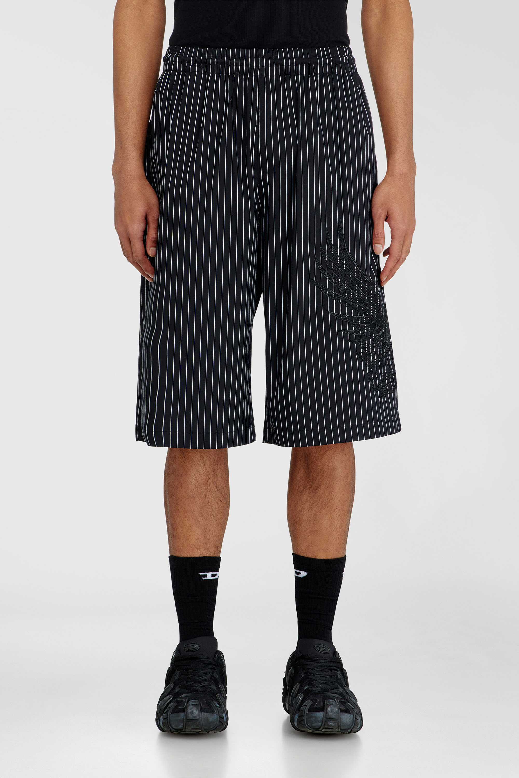 Diesel - P-THEO-SHORT-NJCA, Man's Pinstripe shorts with Phoenix embroidery in Black - 1