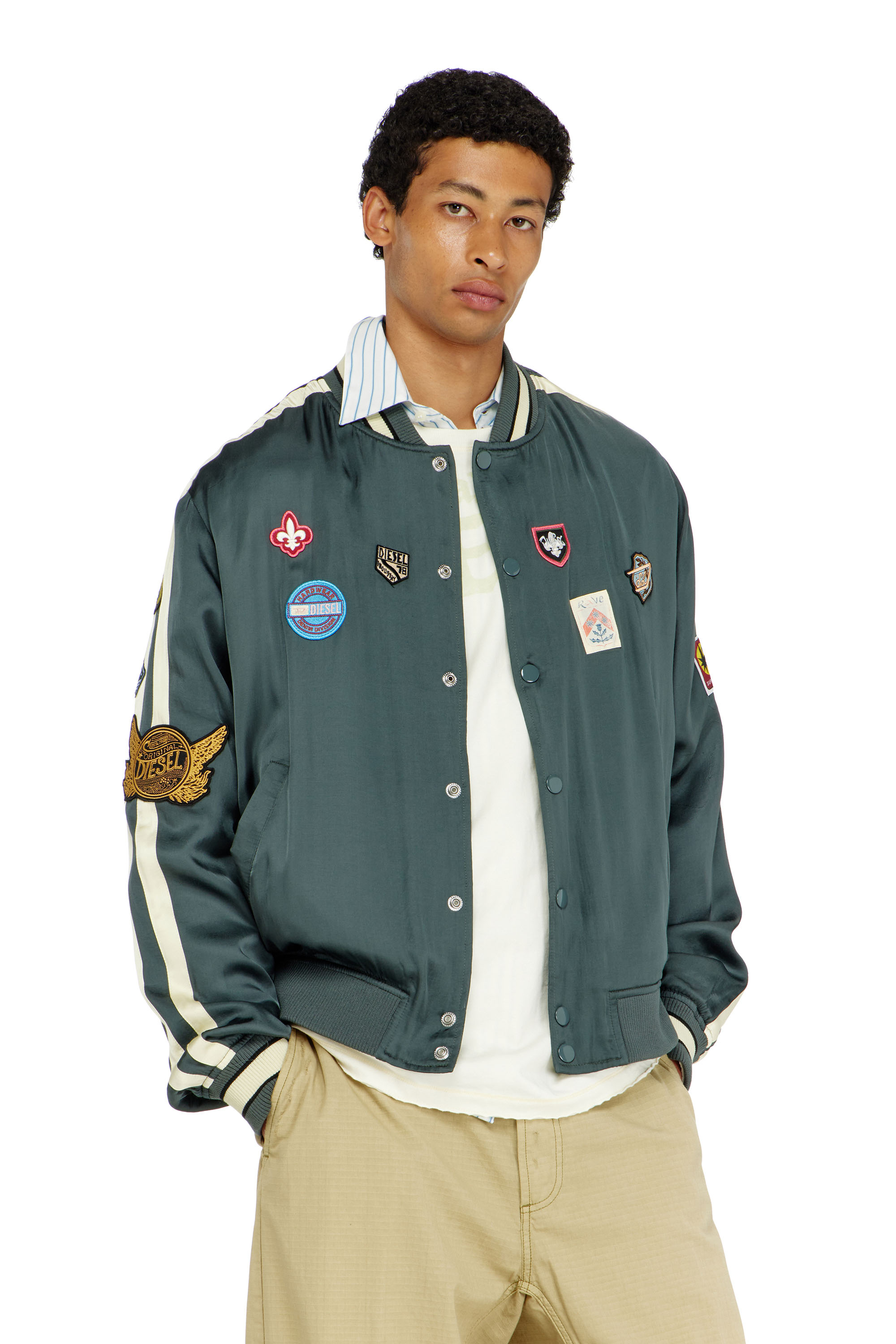 Diesel - J-ANNU, Man's Satin bomber jacket with patches in null - 1