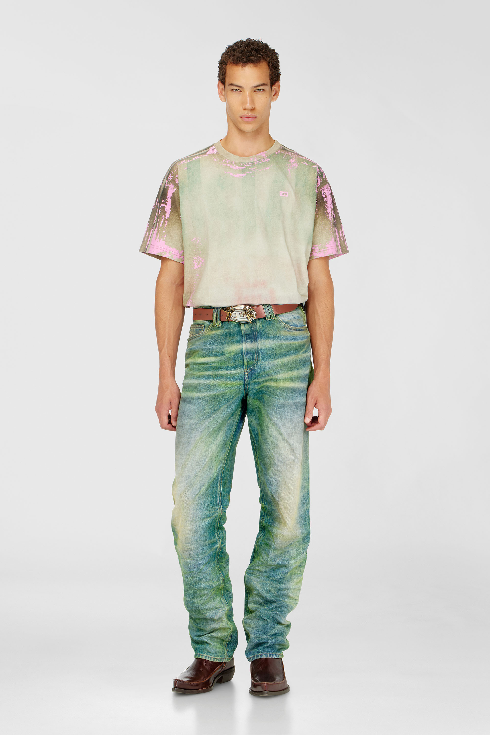 Diesel - T-FILMY-SHO, Man's T-shirt in cracked leather-effect jersey in Pink/Green - 2