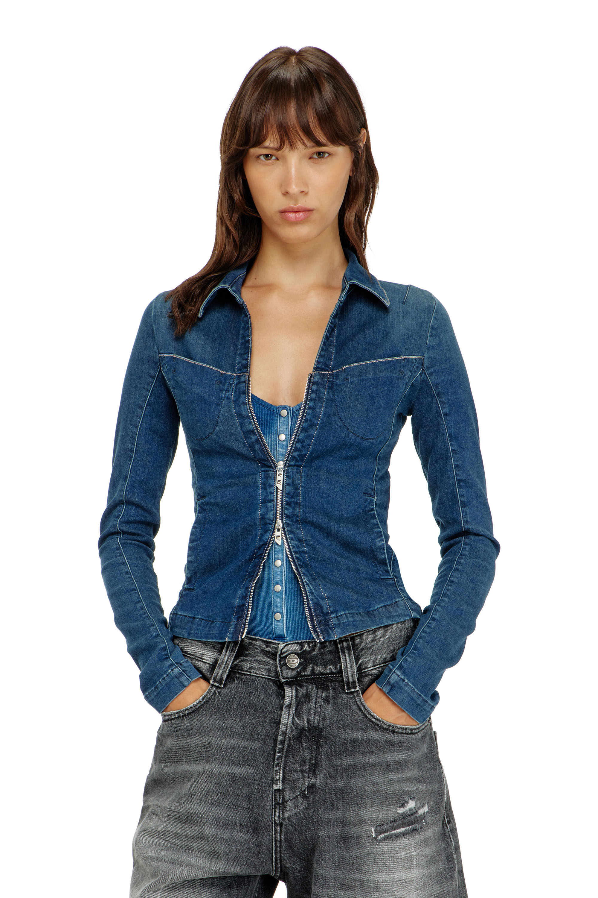 Diesel - DE-QUINOR-S1, Woman's Full-zip shirt in denim in Medium blue - 3