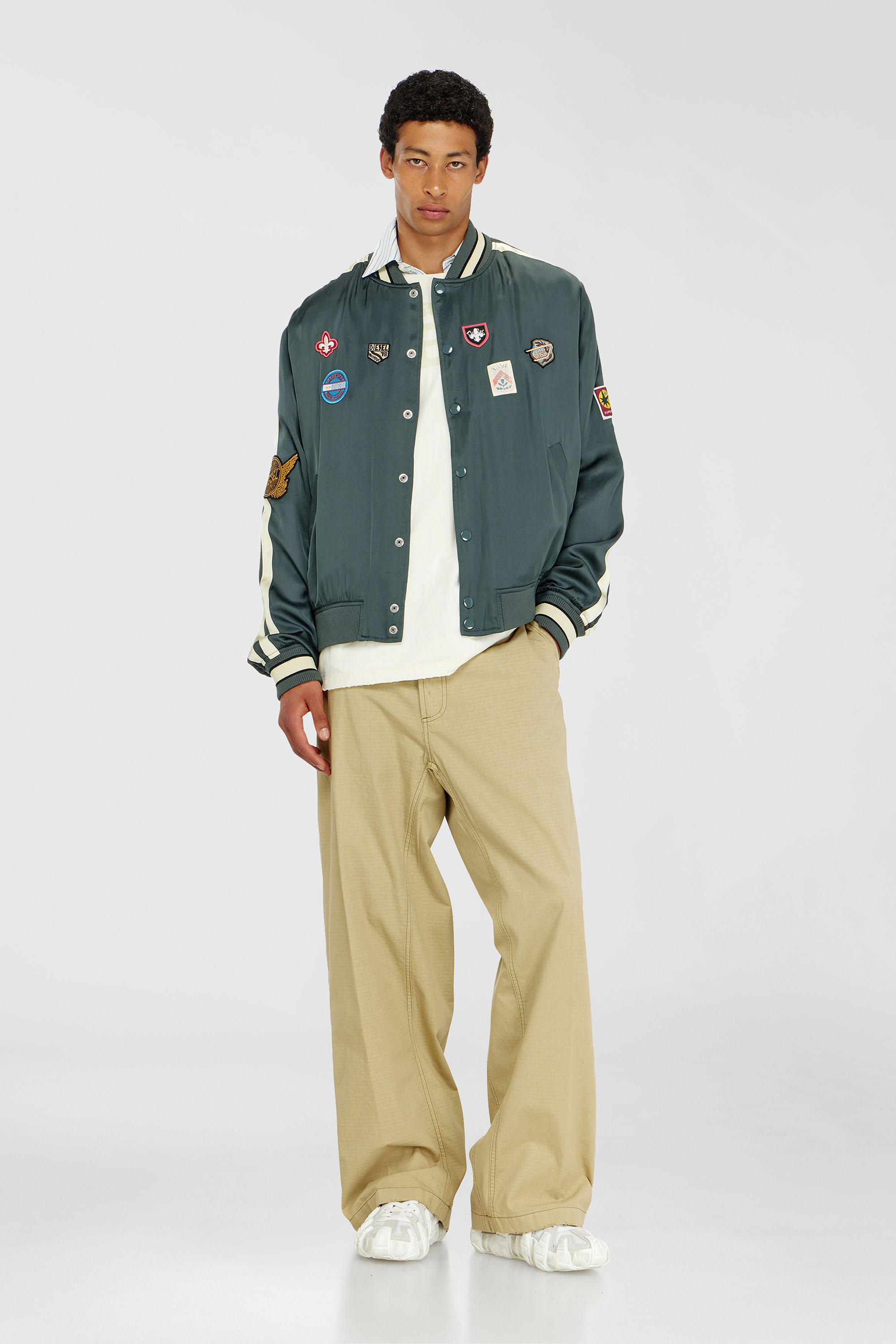 Diesel - J-ANNU, Man's Satin bomber jacket with patches in Dark Green - 2