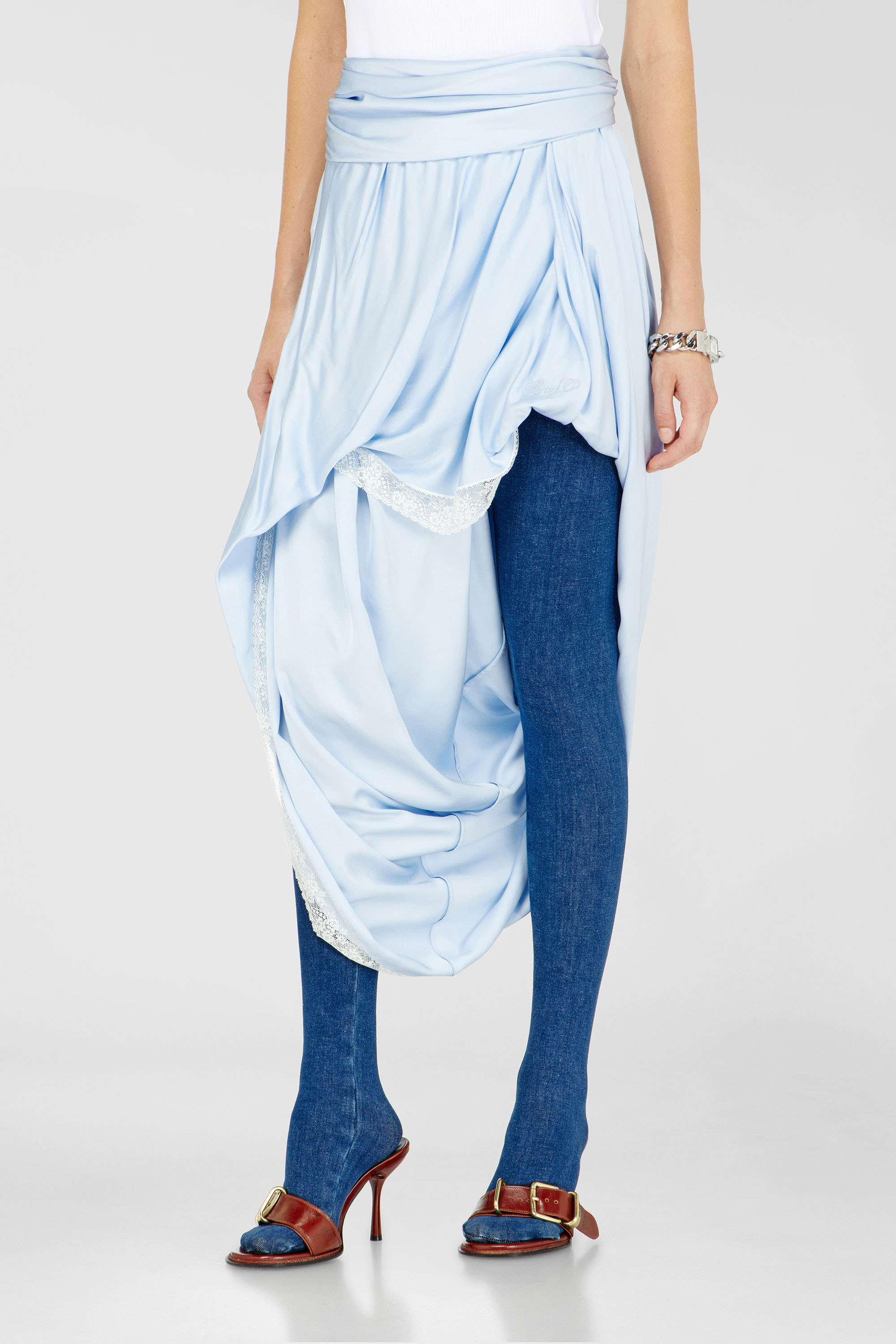 Diesel - O-WANDA, Woman's Draped satin midi skirt with lace trim in Light Blue - 1