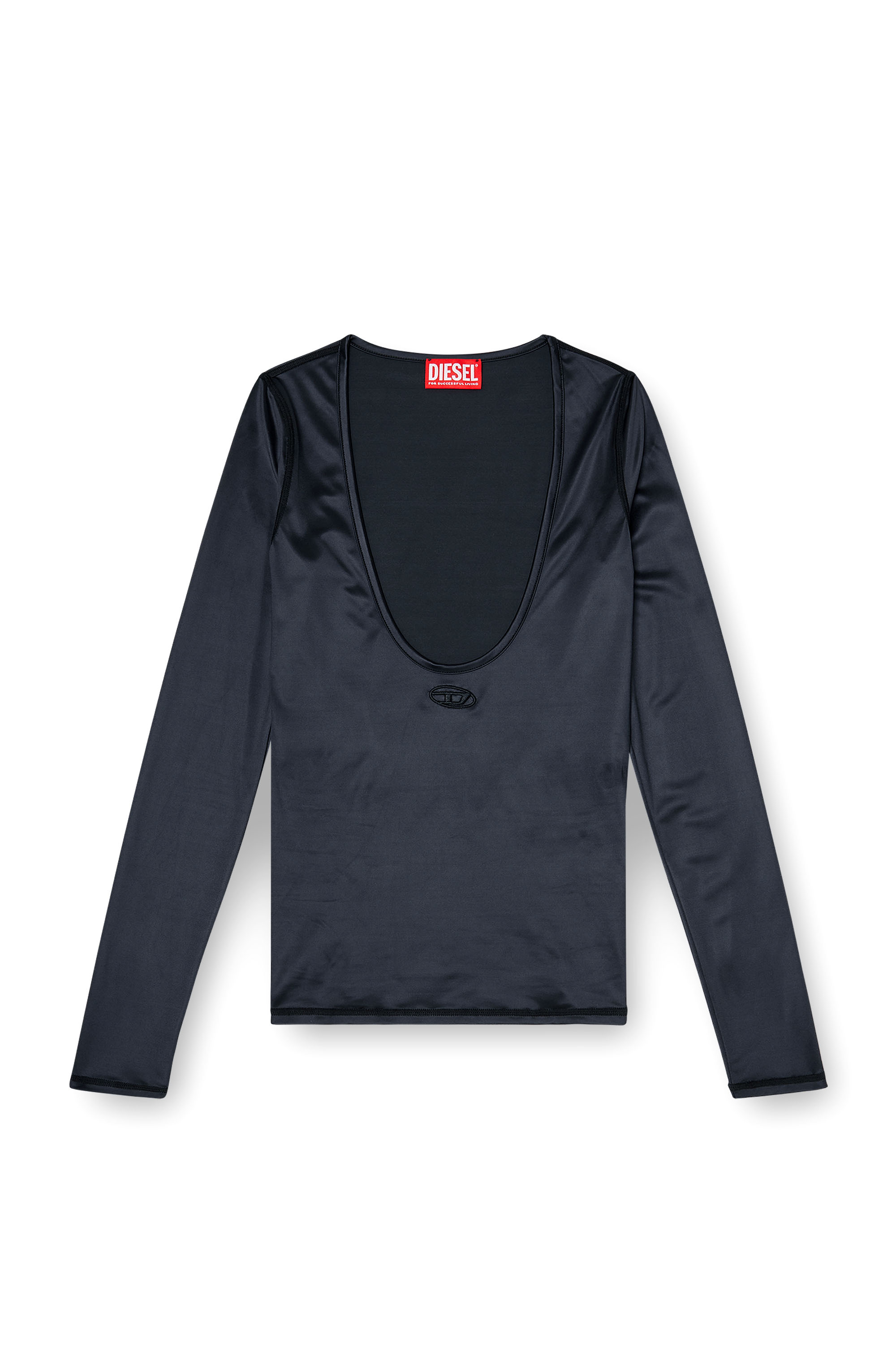 Diesel - T-ELPHIN-LS, Woman's Nylon slim top scoop neck with Logo Oval D embroidery in Black - 2